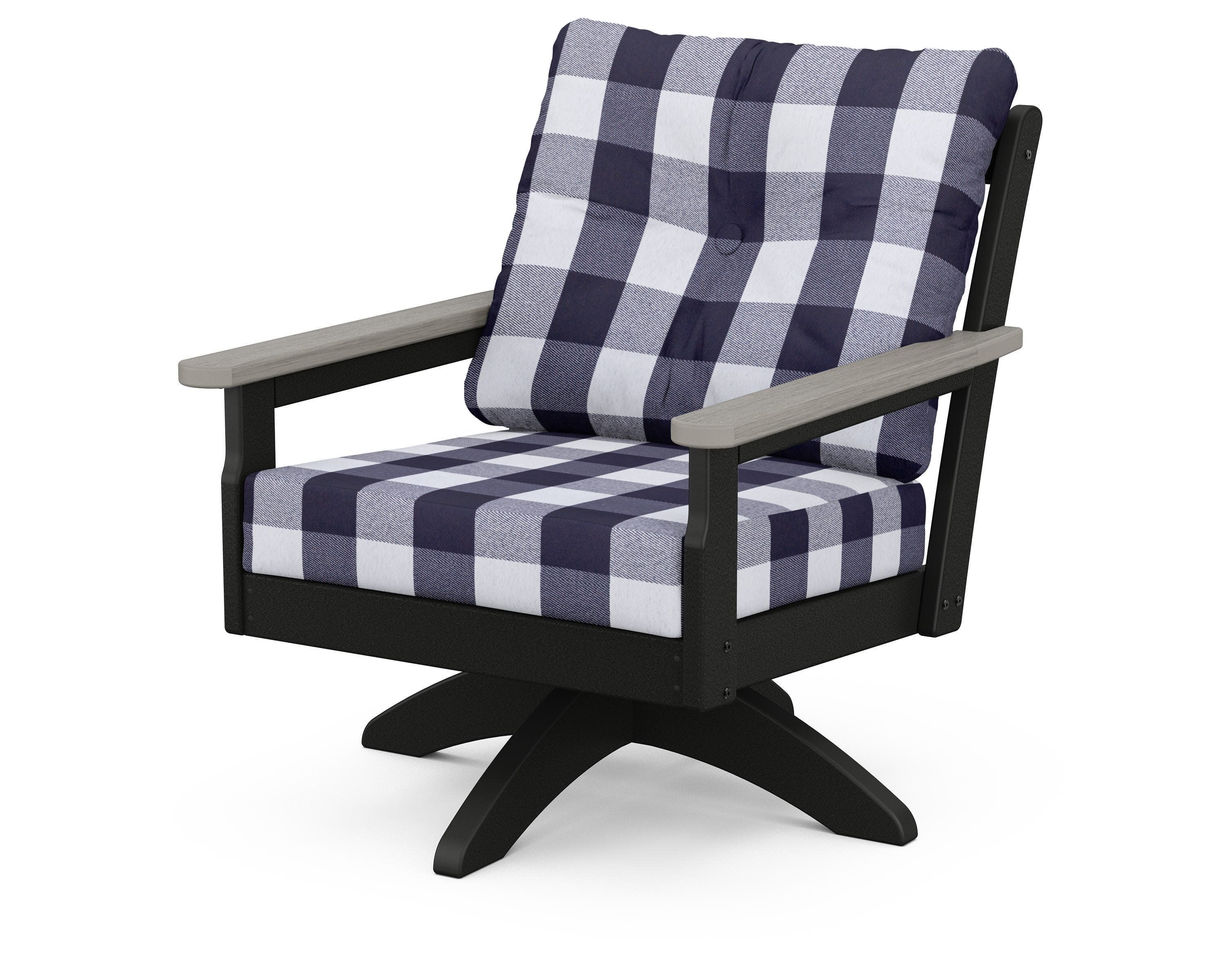 Vineyard Deep Seating Swivel Chair in Black / Driftwood / Buffalo Plaid Navy