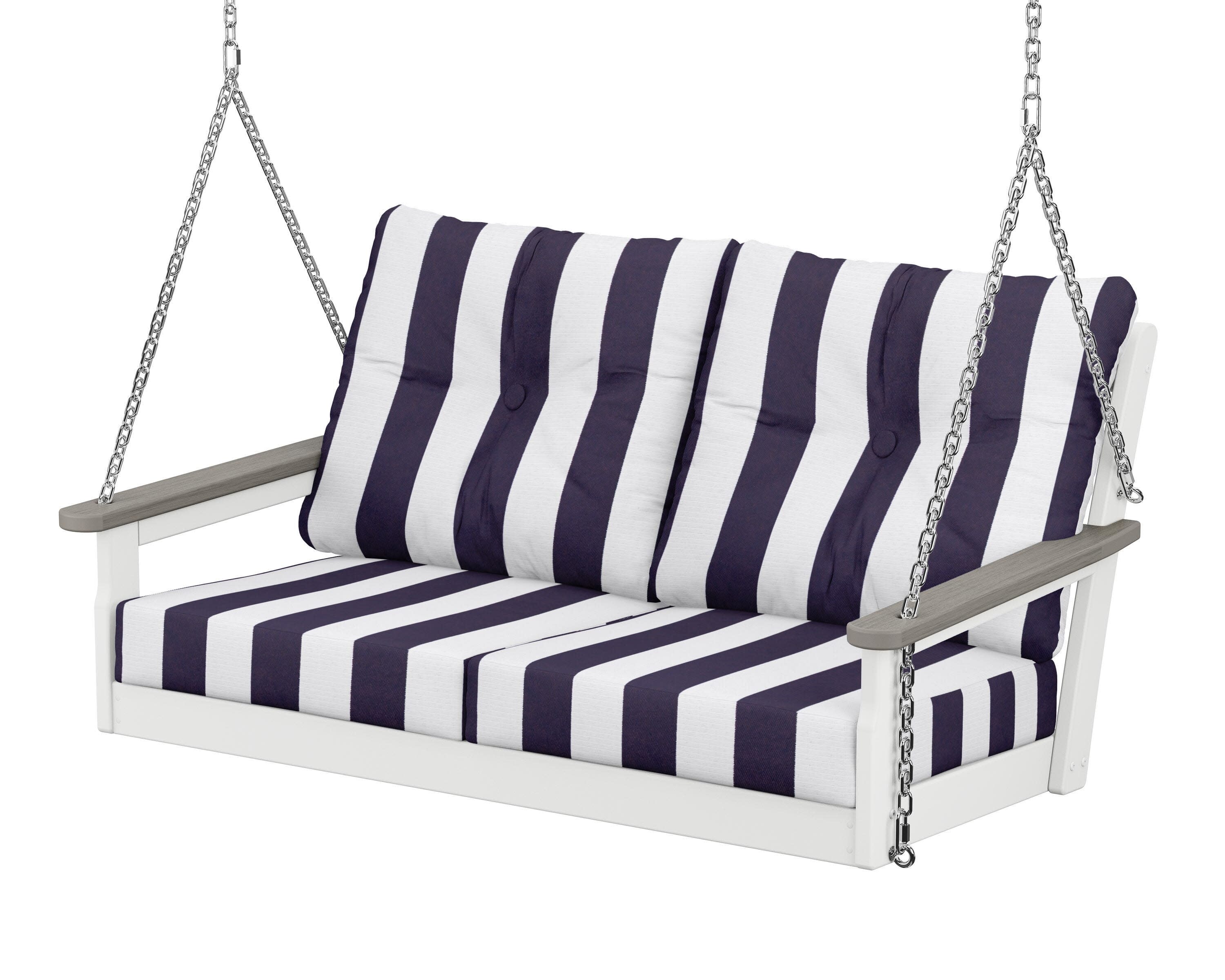 Vineyard Deep Seating Swing in White / Driftwood / Cabana Stripe Navy