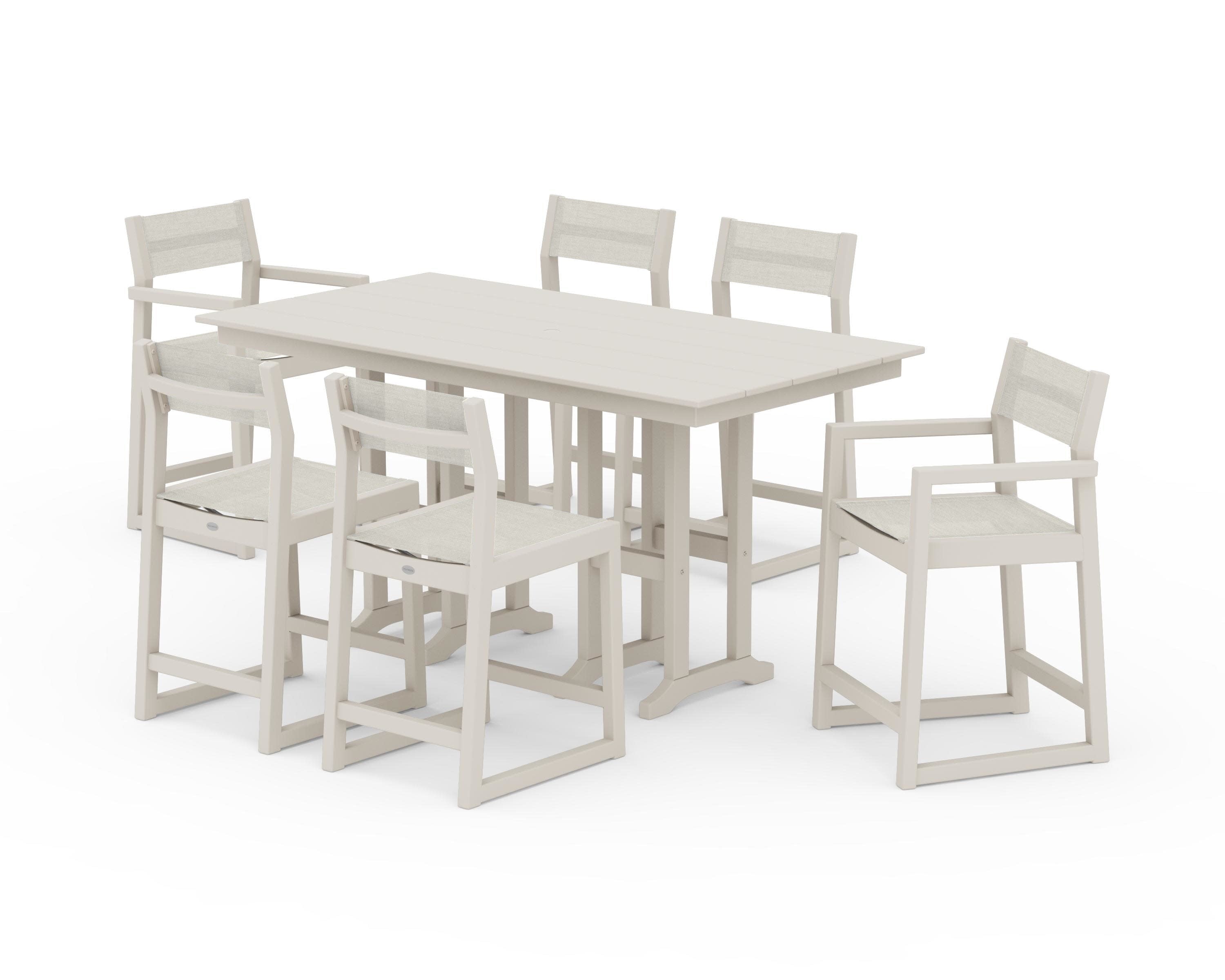 EDGE Sling 7-Piece Farmhouse Counter Set with Trestle Legs in Sand / Parchment Sling