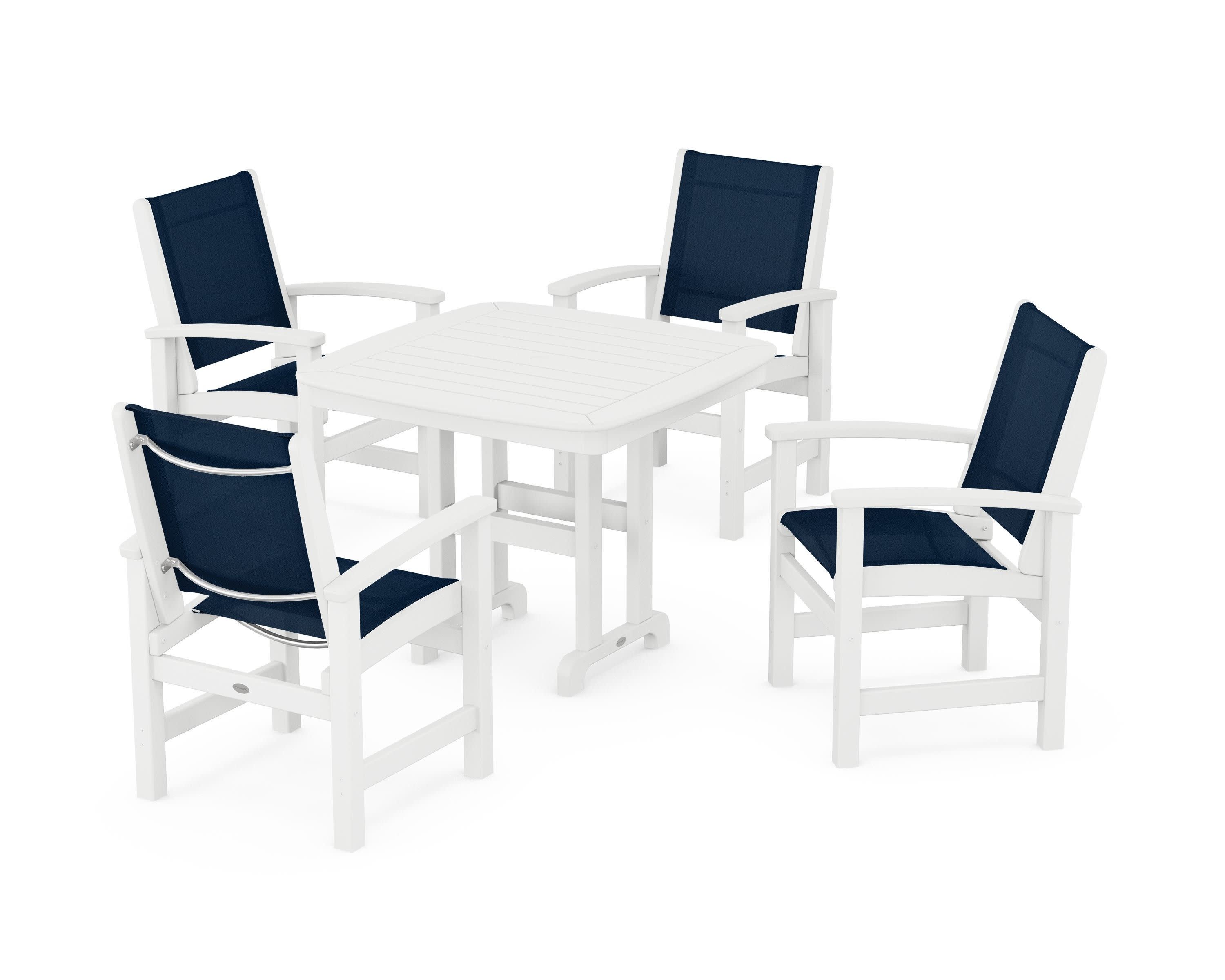 Coastal 5-Piece Dining Set in White / Navy Blue Sling