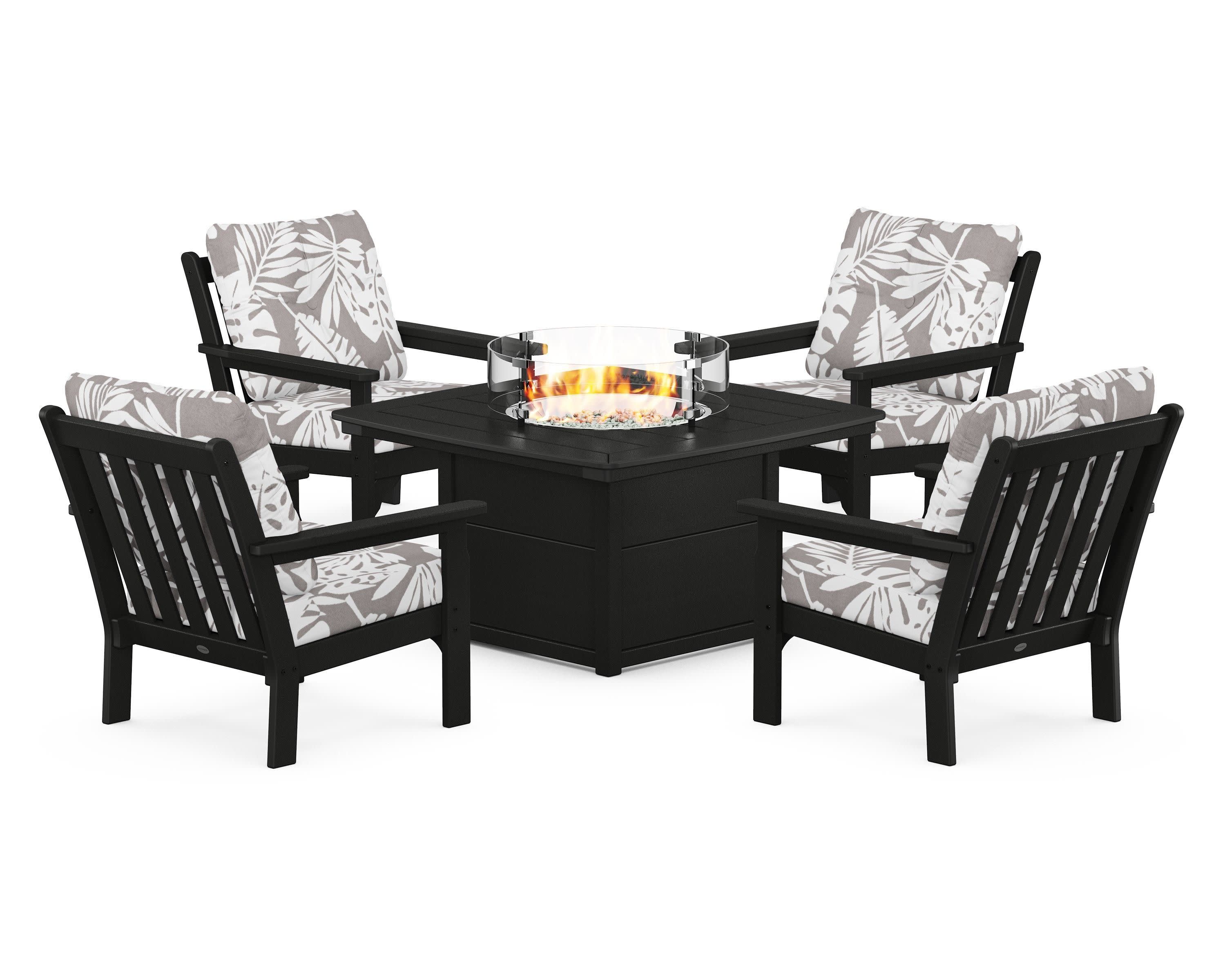 Vineyard 5-Piece Conversation Set with Fire Pit Table in Black / Leaf Grey Mist