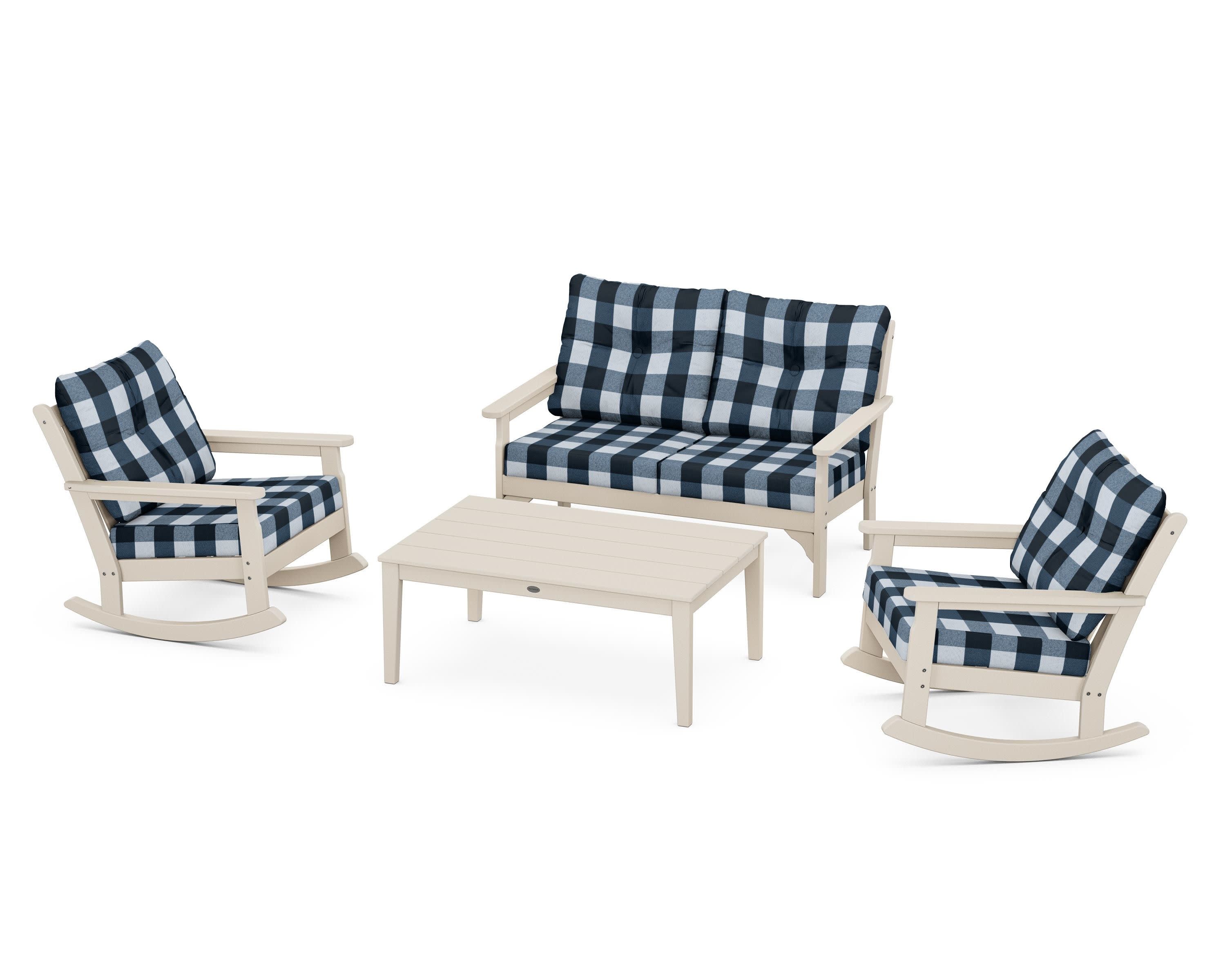 Vineyard 4-Piece Deep Seating Rocking Chair Set in Sand / Buffalo Plaid Marine Indigo
