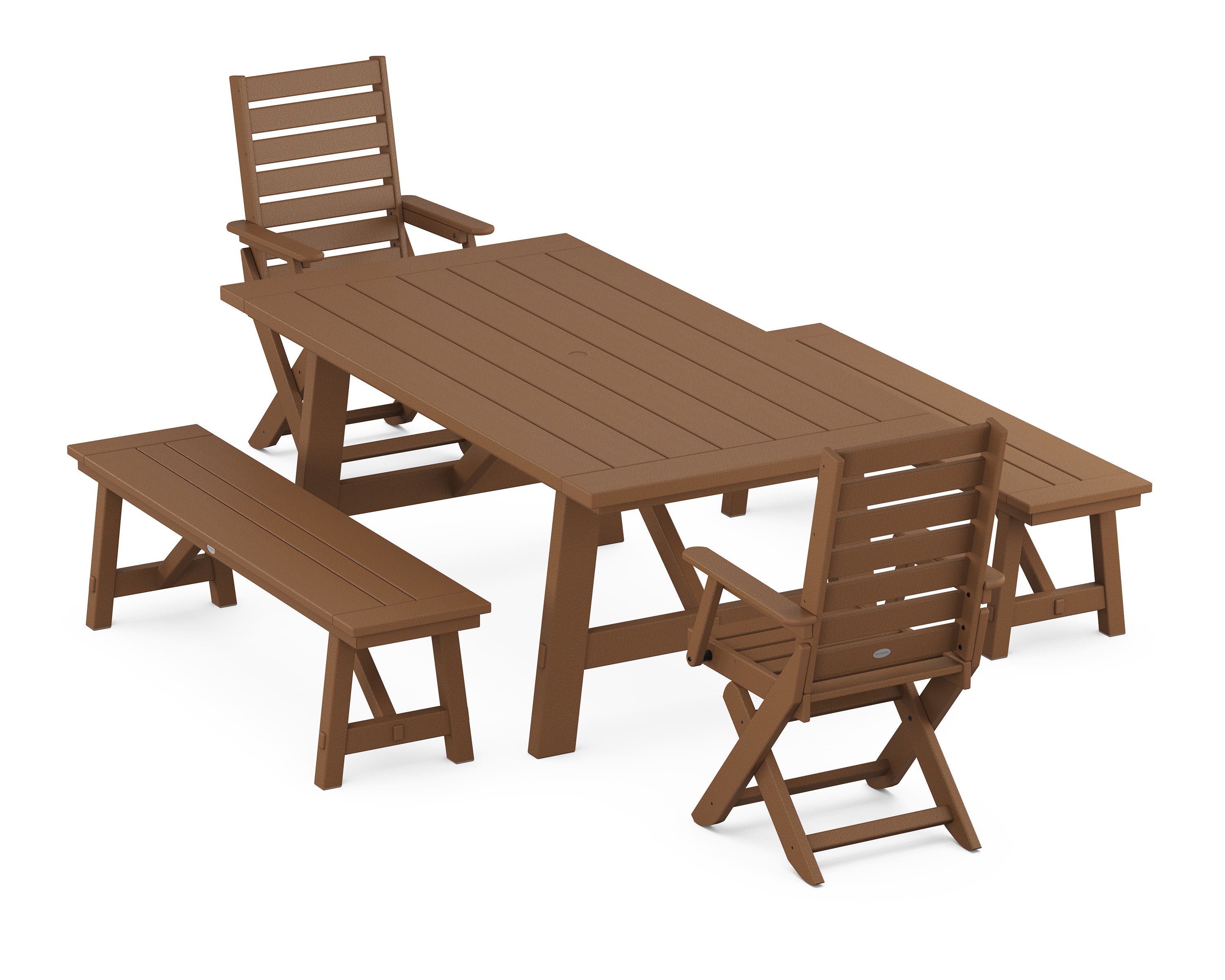 Captain Folding Chair 5-Piece Rustic Farmhouse Dining Set With Benches in Teak