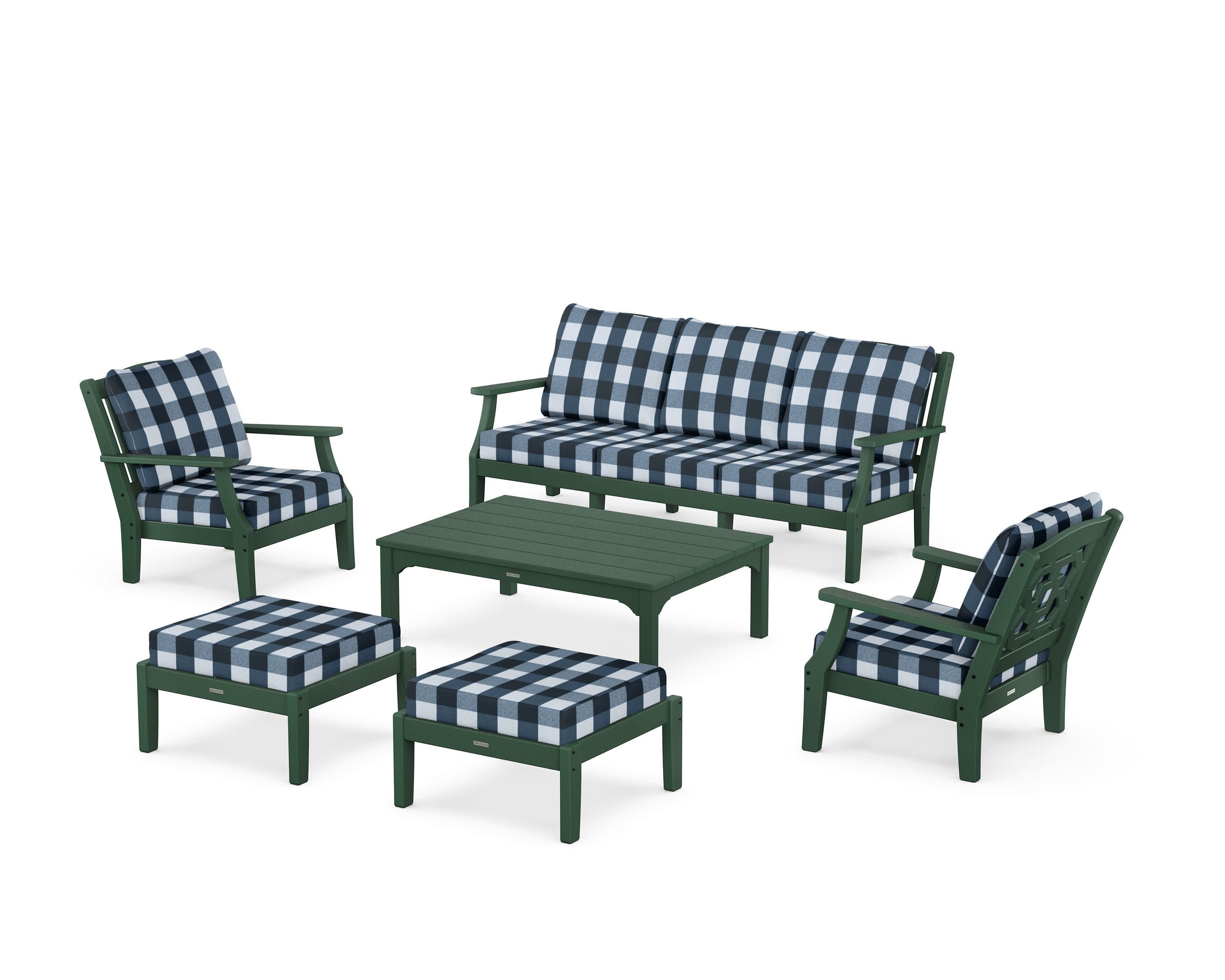 Chinoiserie 6-Piece Lounge Sofa Set in Green / Buffalo Plaid Marine Indigo
