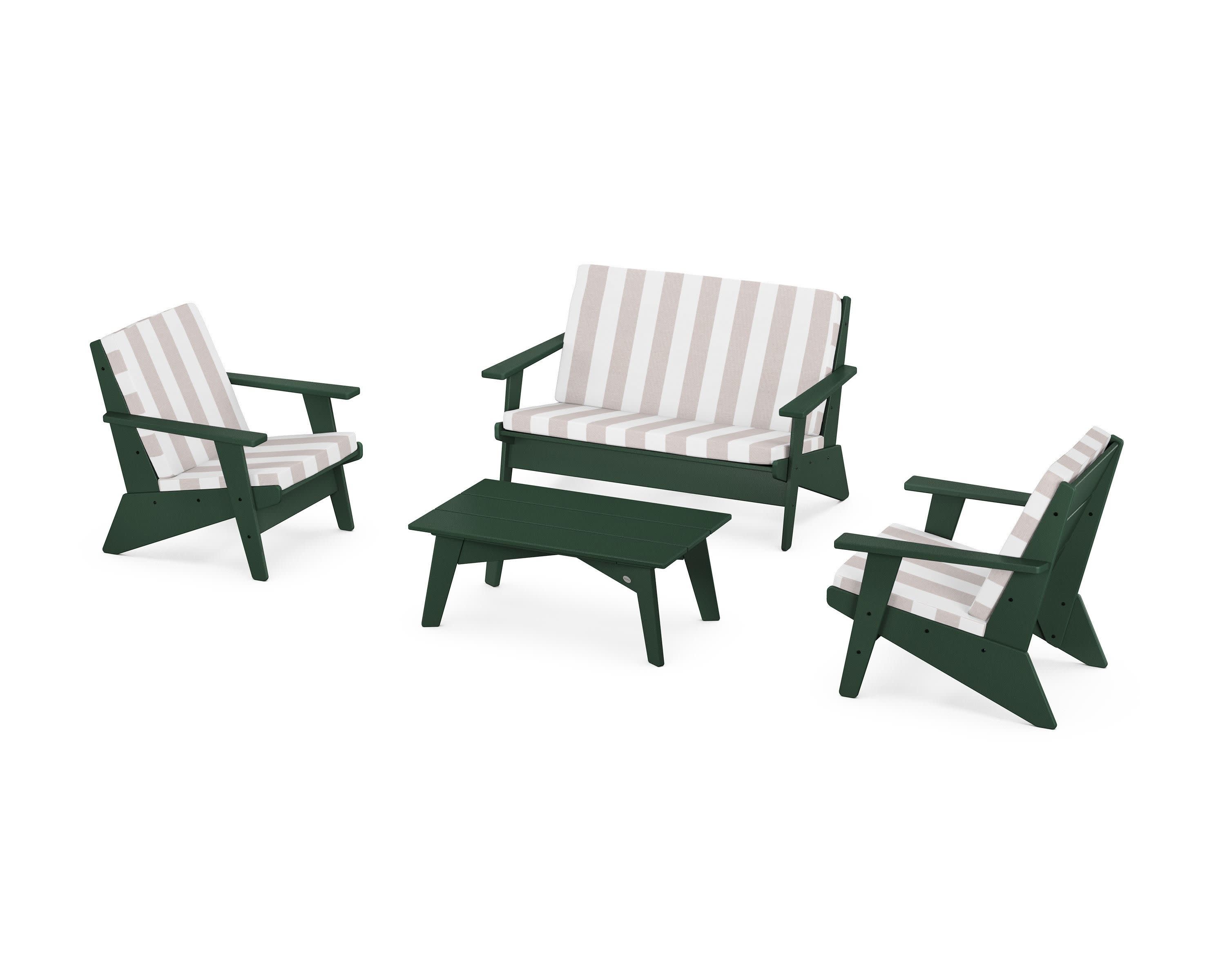 Riviera Modern Lounge 4-Piece Set in Green / Cabana Stripe Dune Burlap