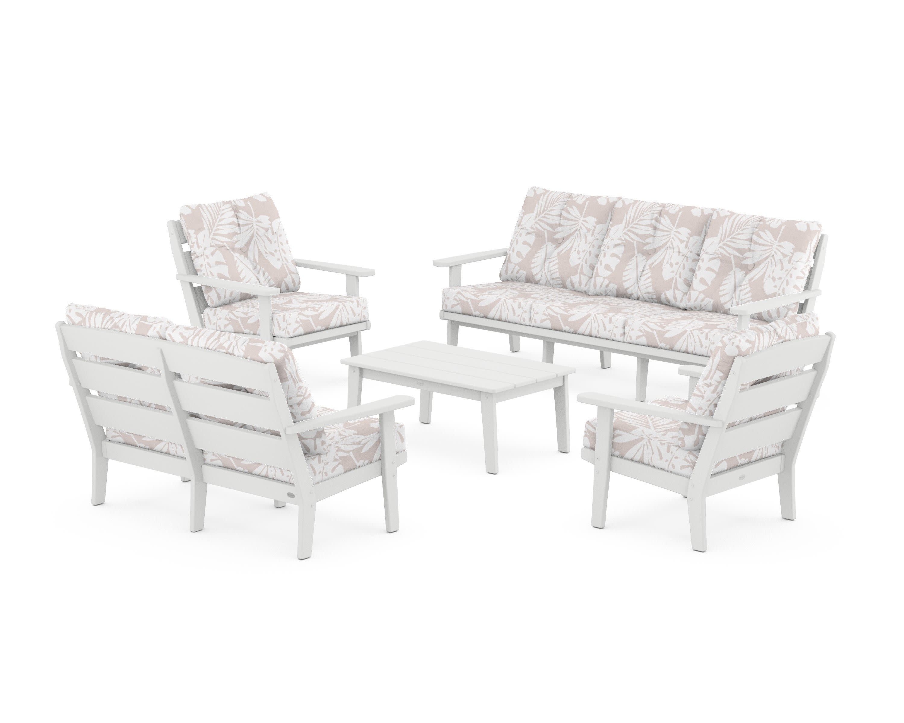 Lakeside 5-Piece Lounge Sofa Set in White / Leaf Dune Burlap