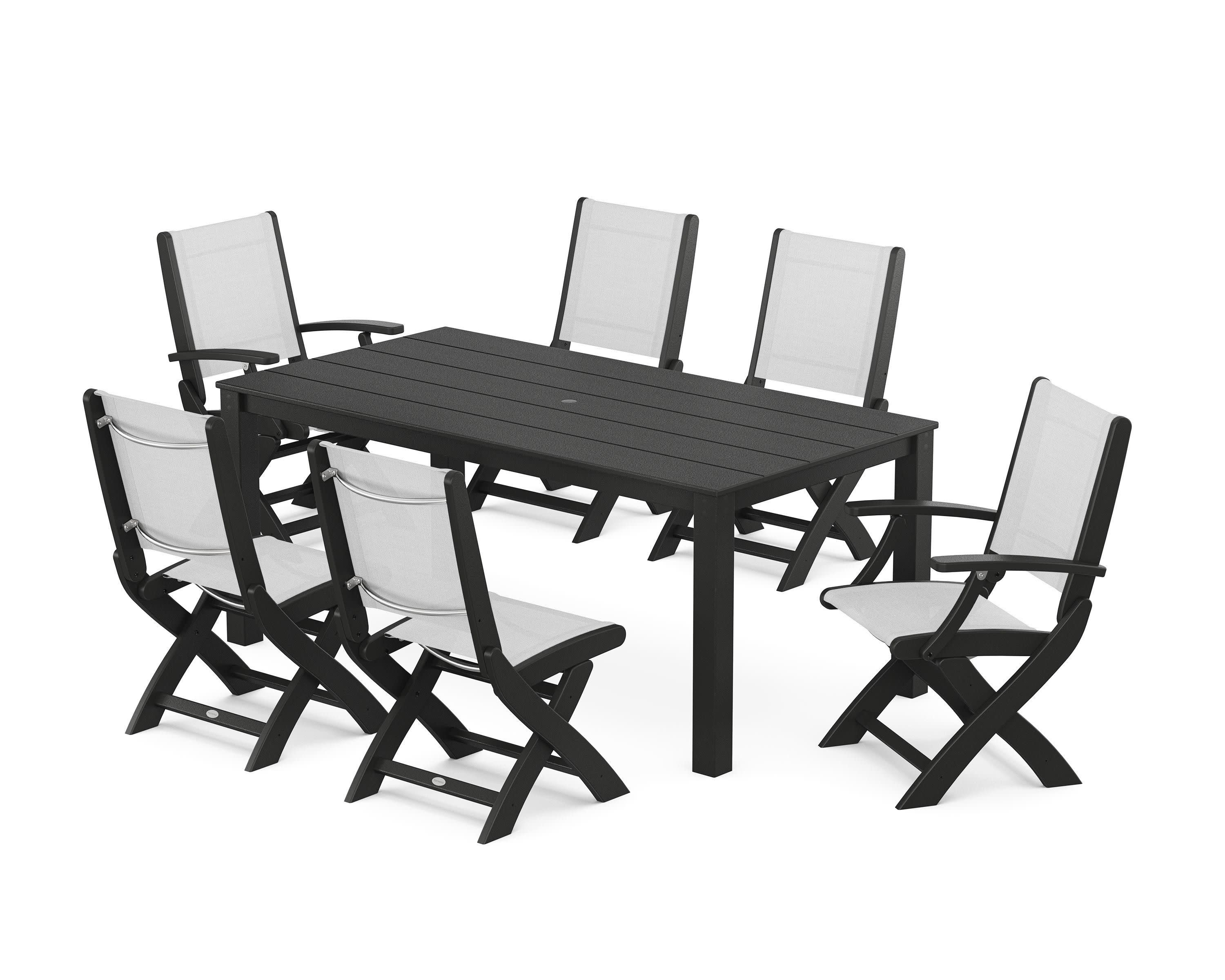 Coastal Folding Chair 7-Piece Parsons Dining Set in Black / White Sling