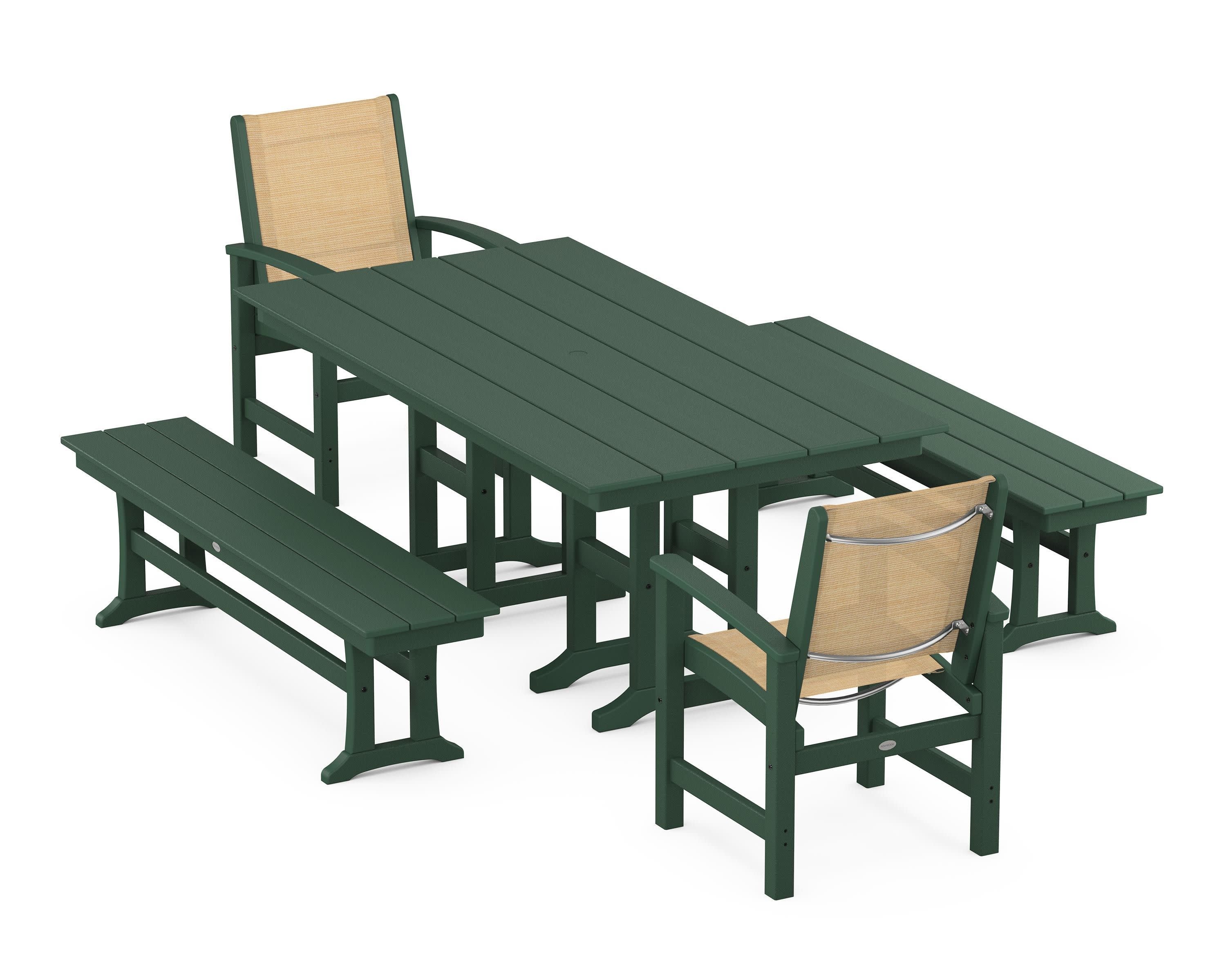 Coastal 5-Piece Farmhouse Dining Set in Green / Dupioni Apricot Sling