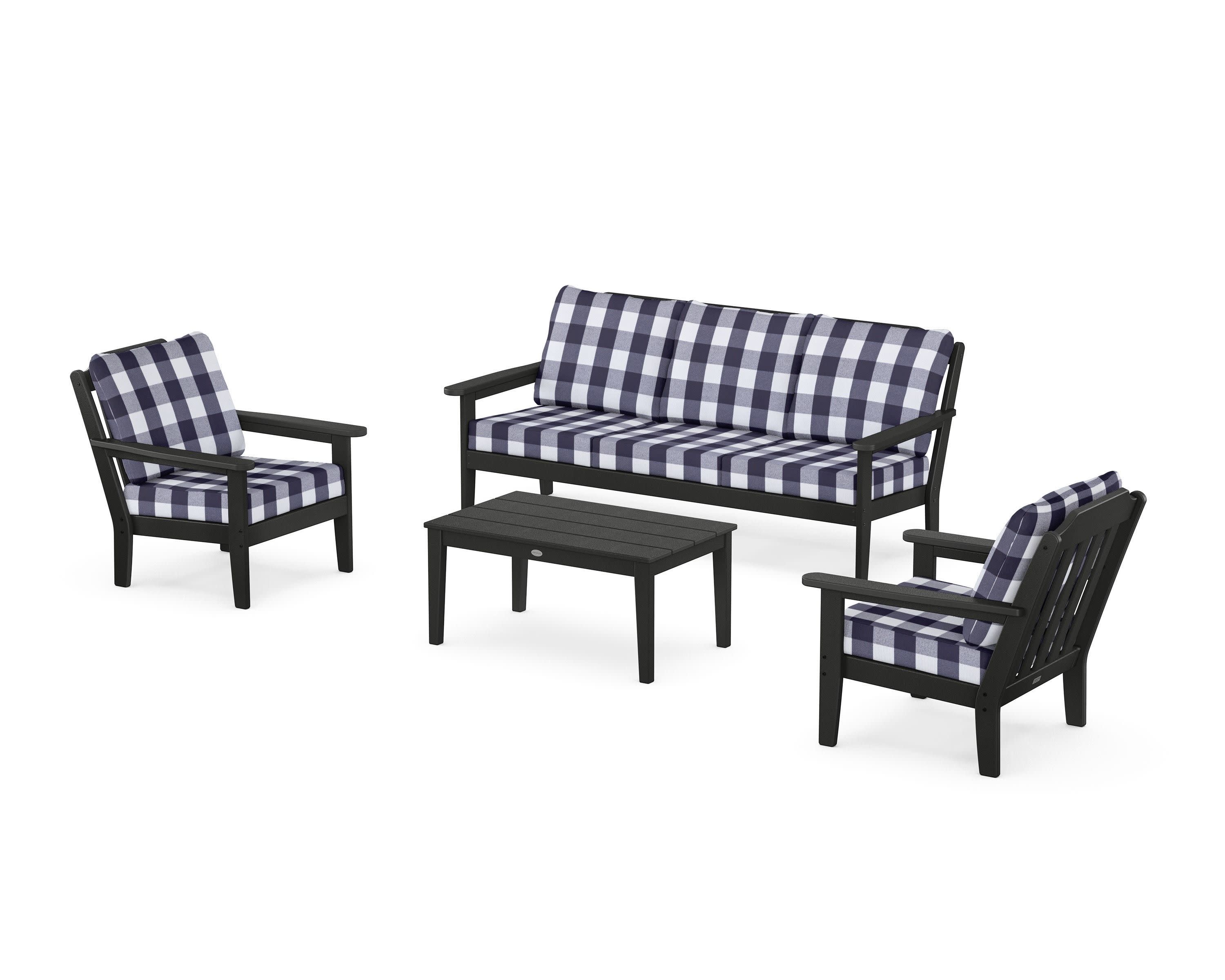 Cottage 4-Piece Deep Seating Set with Sofa in Black / Buffalo Plaid Navy