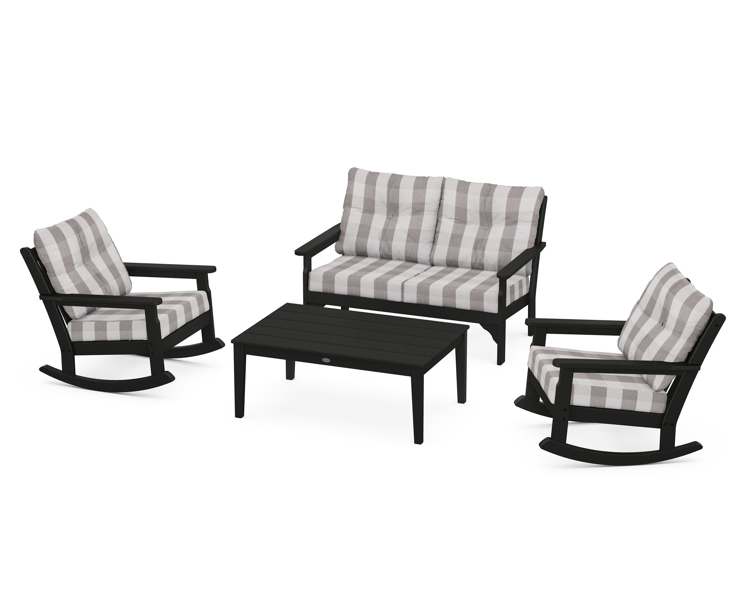 Vineyard 4-Piece Deep Seating Rocking Chair Set in Black / Buffalo Plaid Grey Mist