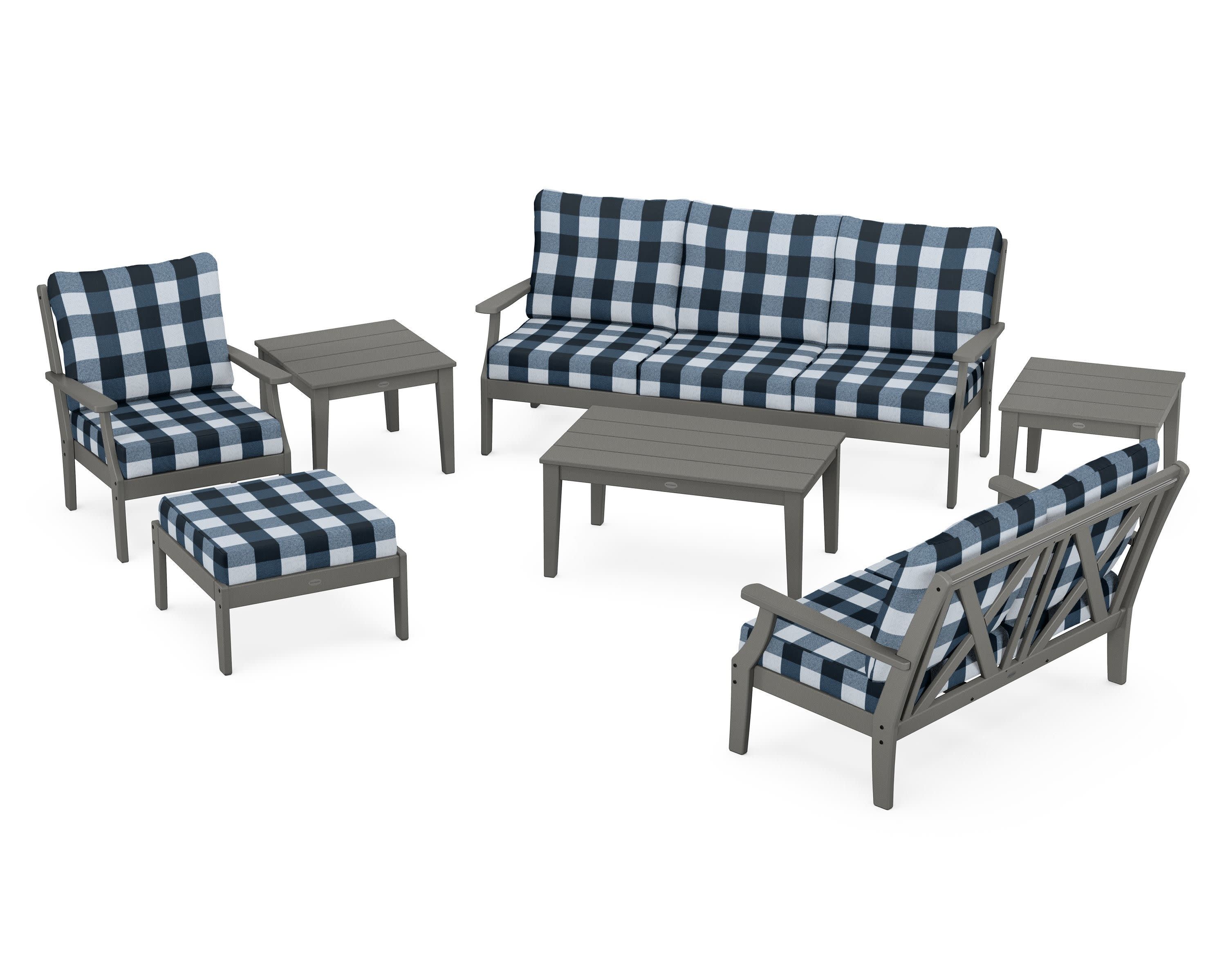 Braxton 7-Piece Deep Seating Set in Slate Grey / Buffalo Plaid Marine Indigo