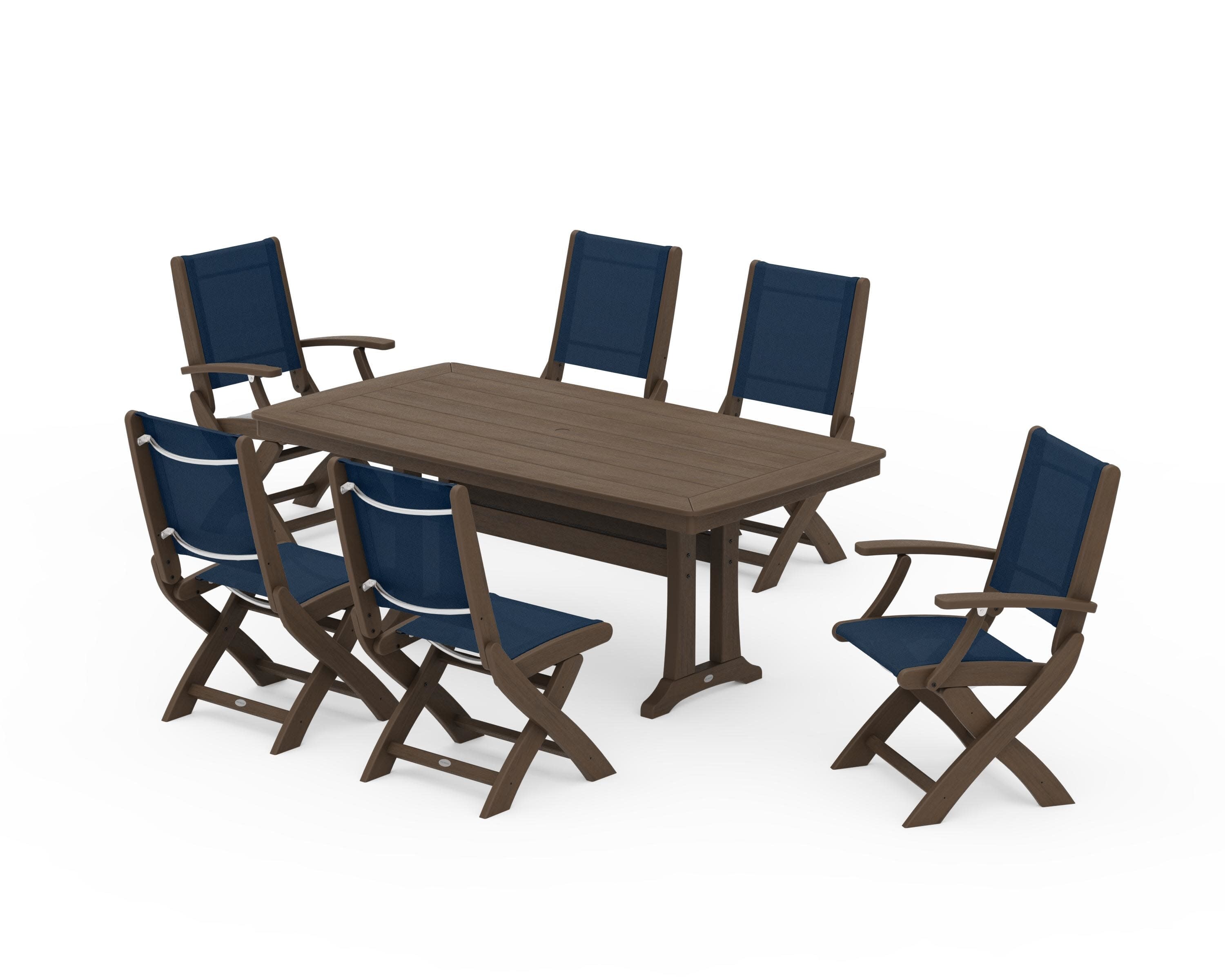 Coastal Folding Chair 7-Piece Dining Set with Trestle Legs in Kona / Navy Blue Sling