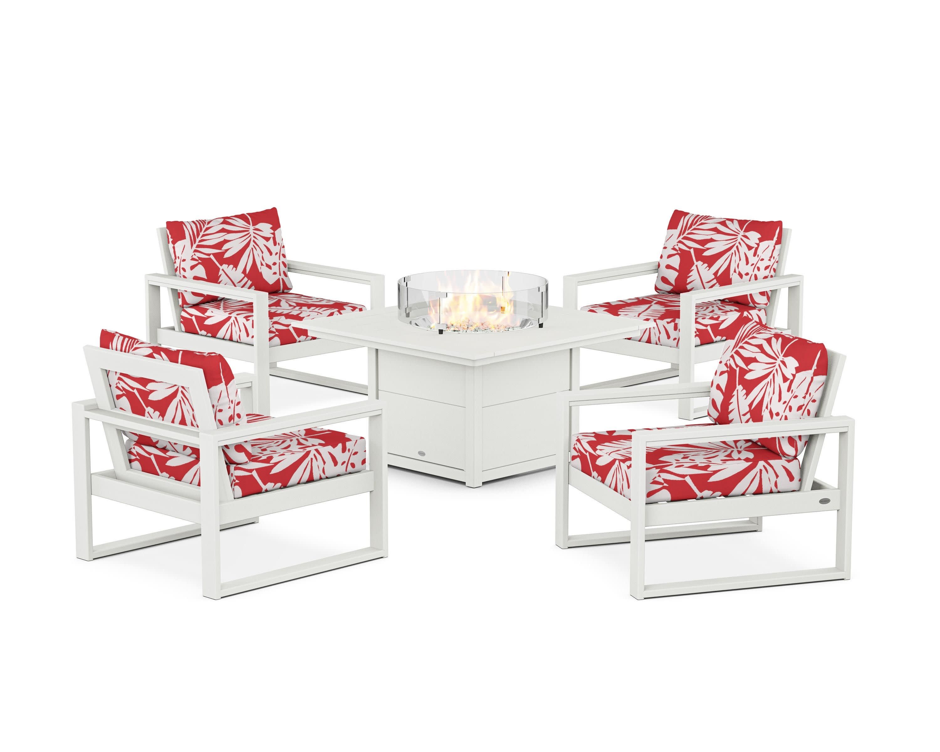 EDGE Sectional 5-Piece Deep Seating Set with Fire Pit Table in Vintage White / Leaf Crimson