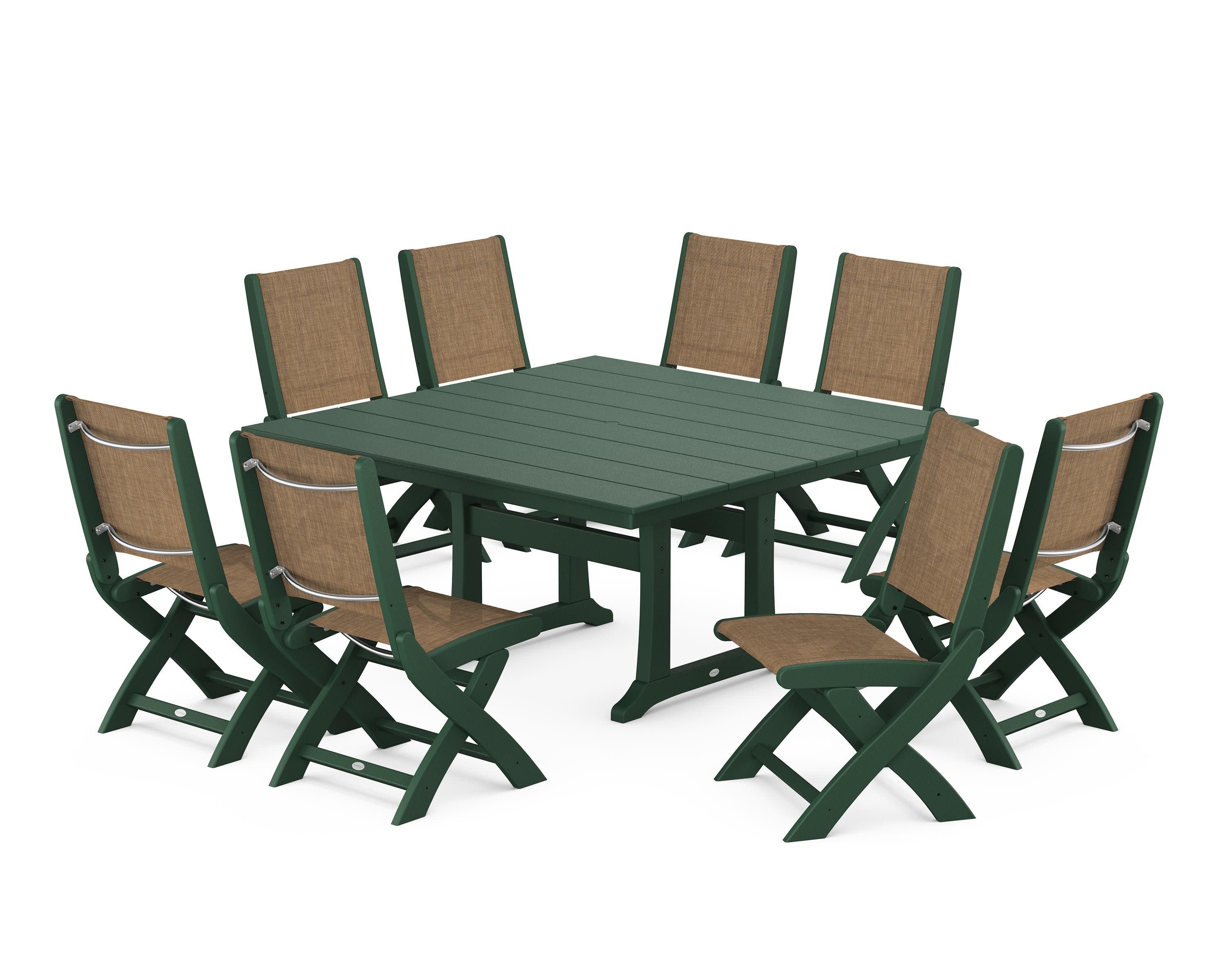 Coastal Folding Side Chair 9-Piece Farmhouse Dining Set in Green / Burlap Sling