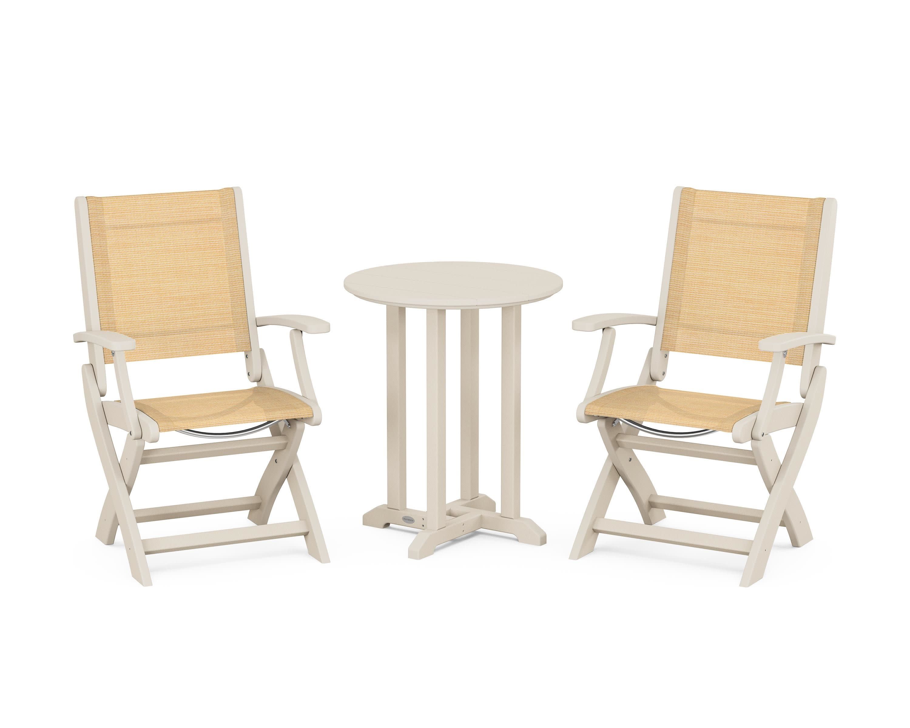 Coastal Folding 3-Piece Round Bistro Dining Set in Sand / Dupioni Apricot Sling