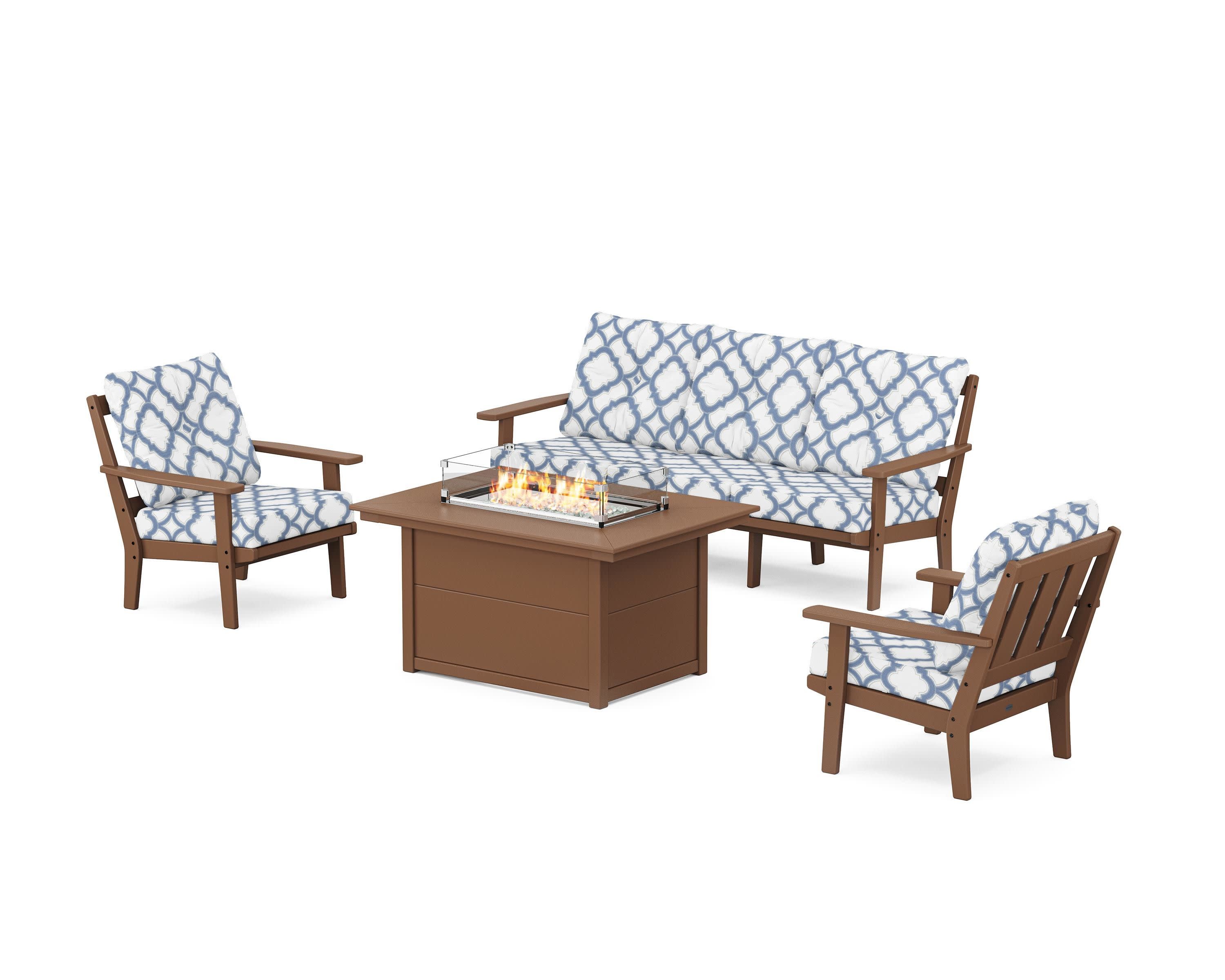 Oxford Deep Seating Fire Pit Table Set in Teak / Trellis Sky Blue