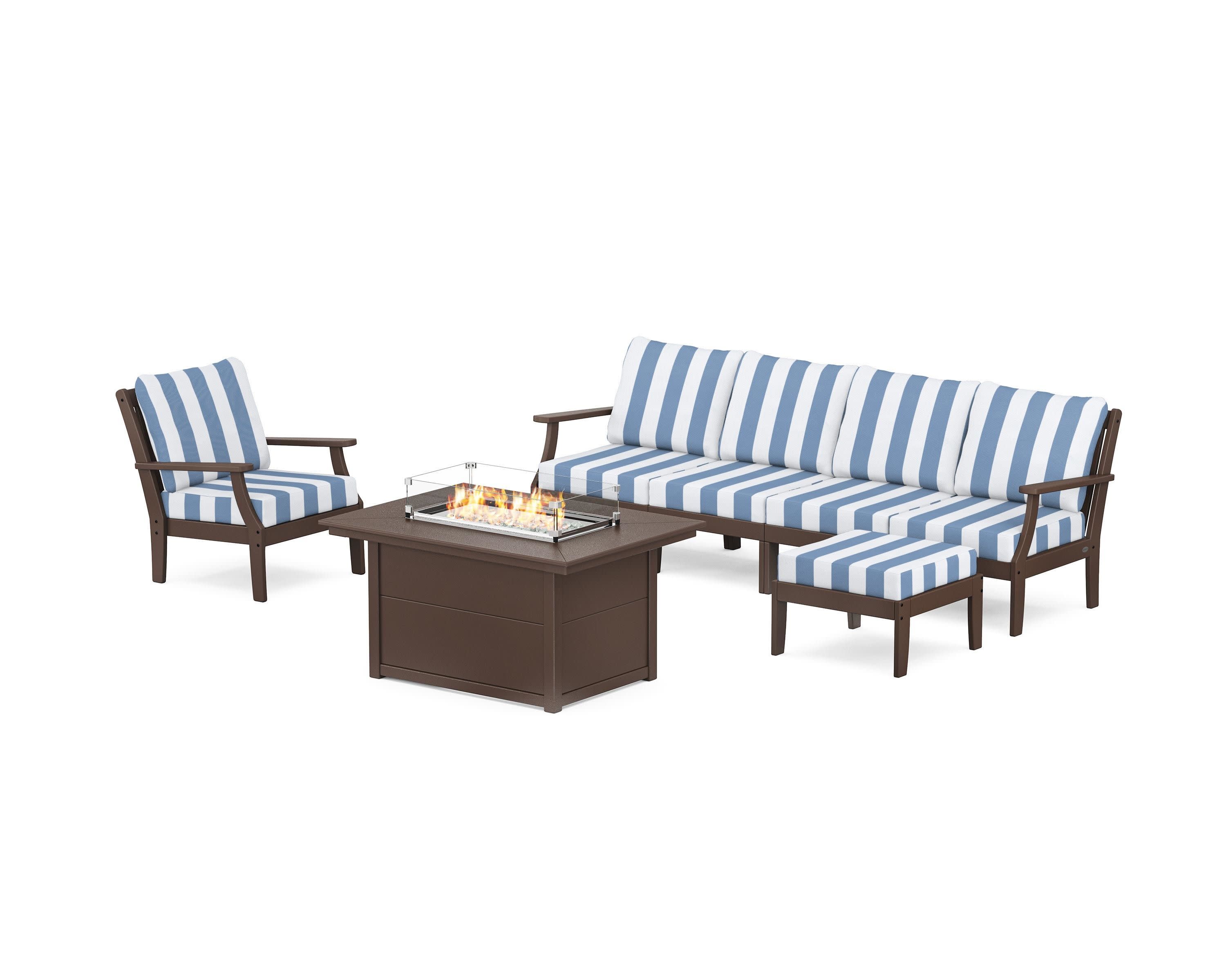 Braxton Sectional Lounge and Fire Pit Set in Mahogany / Cabana Stripe Sky Blue
