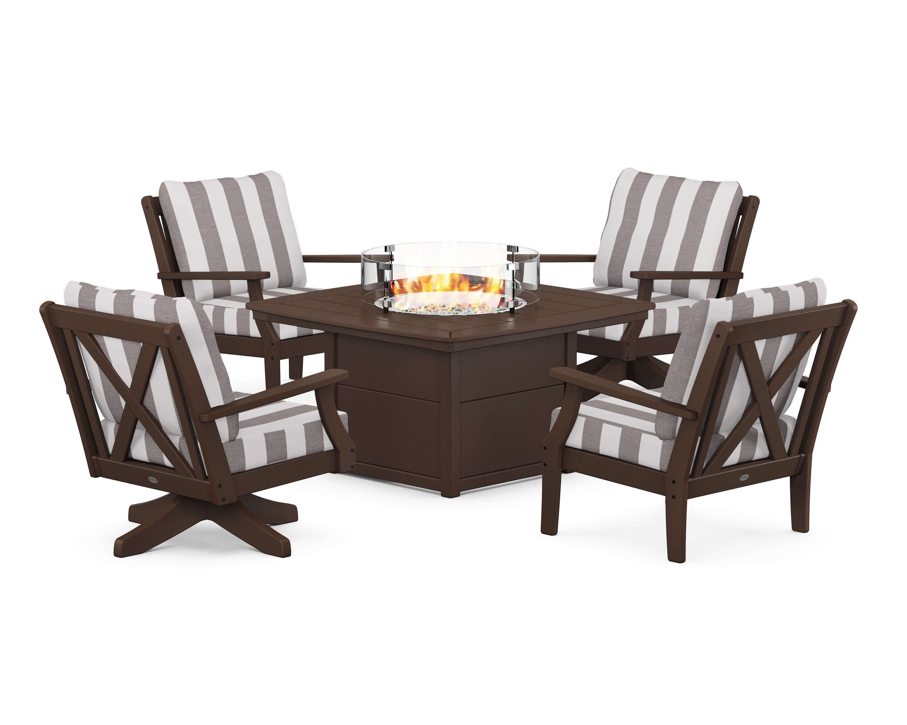Braxton 5-Piece Deep Seating Set with Fire Table in Mahogany / Cabana Stripe Grey Mist