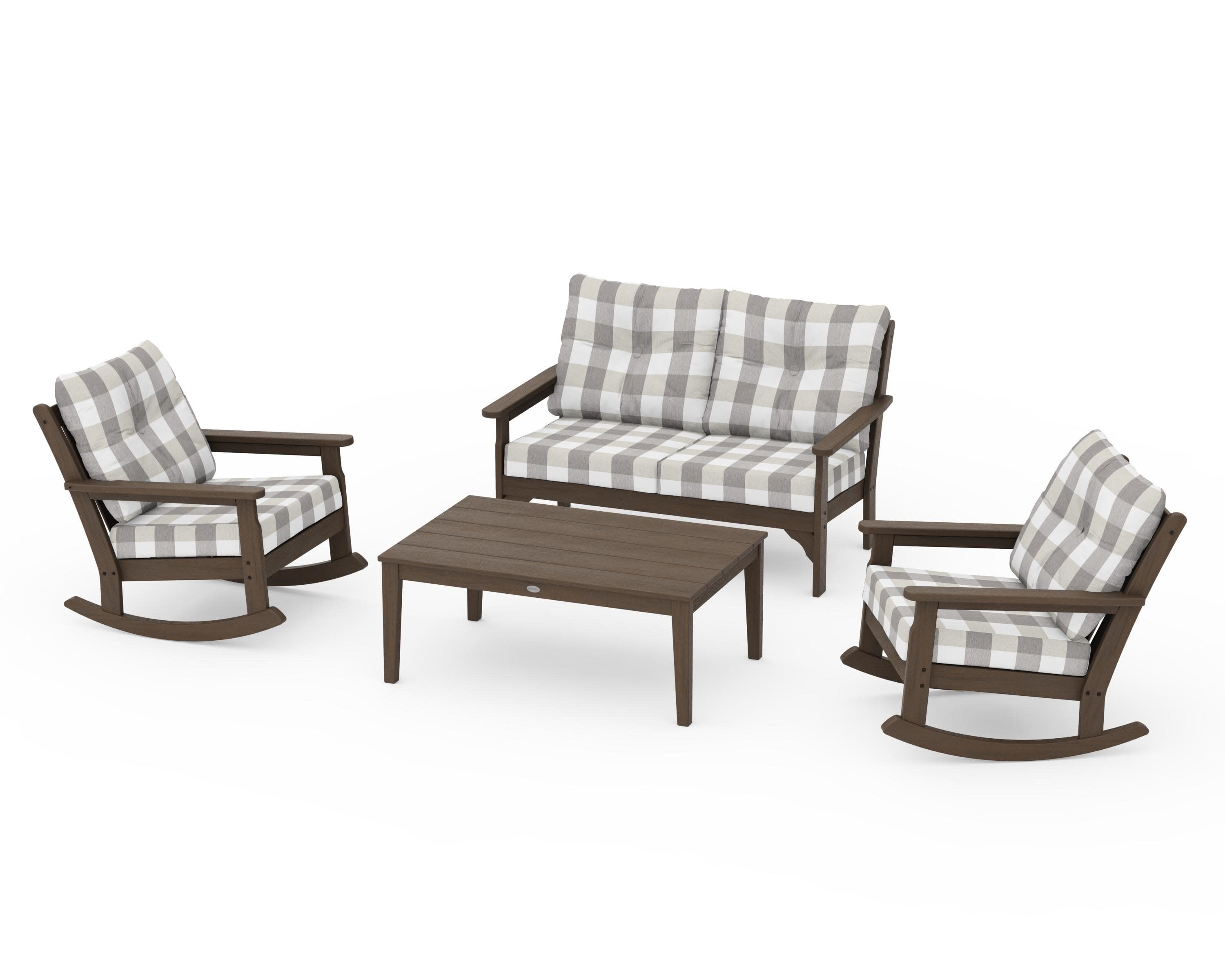 Vineyard 4-Piece Deep Seating Rocking Chair Set in Kona / Buffalo Plaid Grey Mist