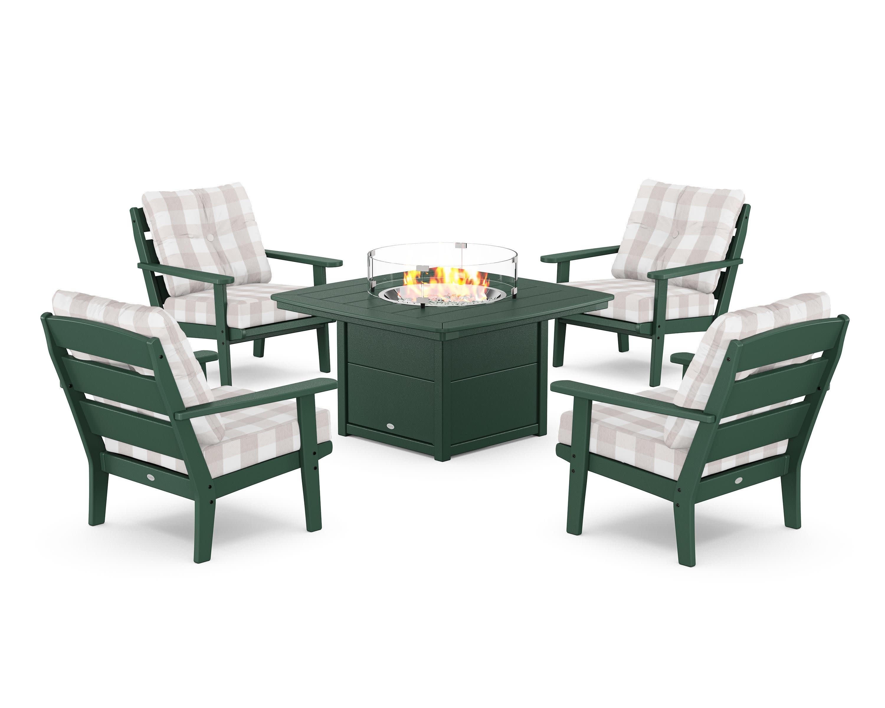 Lakeside 5-Piece Deep Seating Set with Nautical Fire Pit Table in Green / Buffalo Plaid Dune Burlap