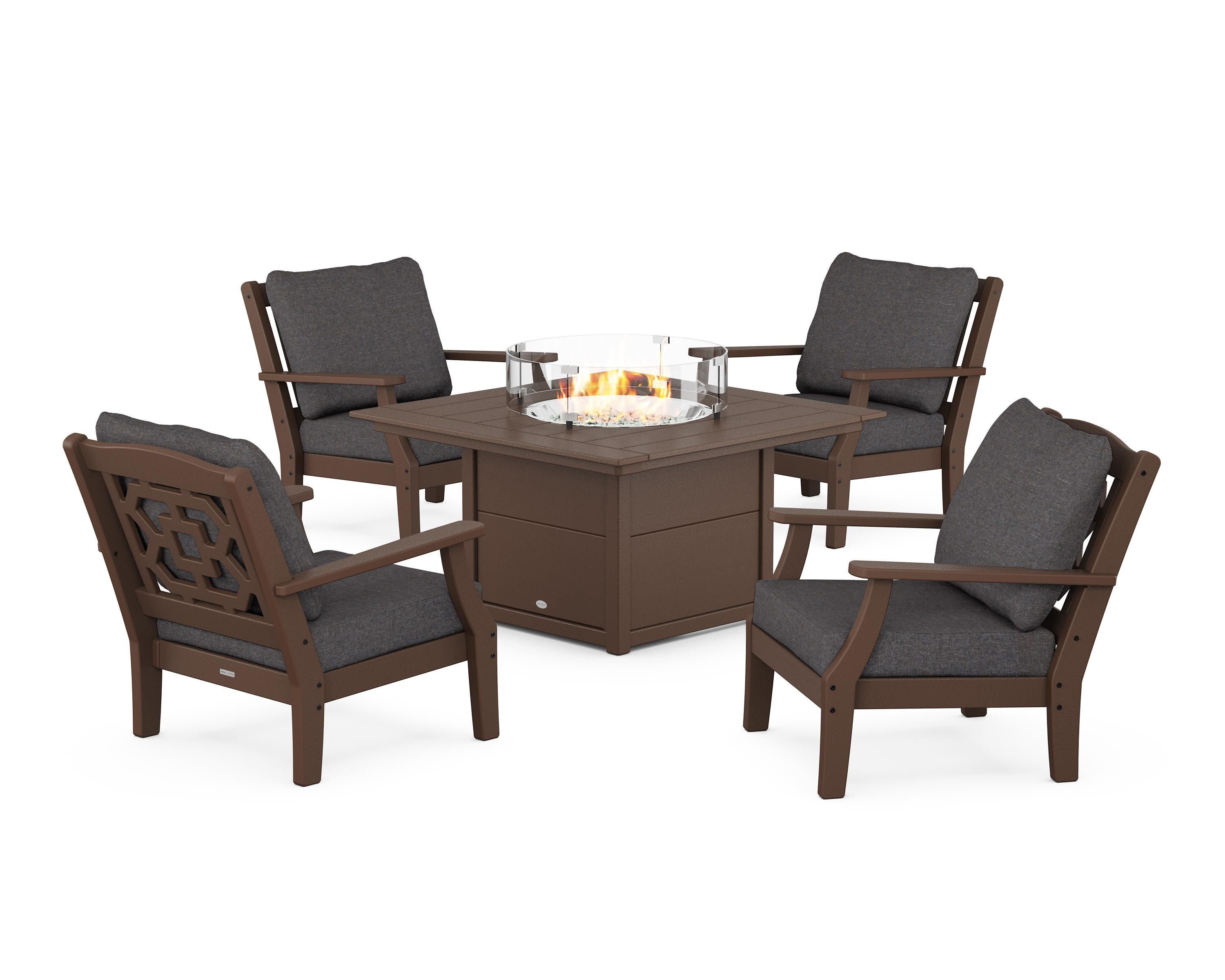 Chinoiserie 5-Piece Deep Seating Set with Fire Pit Table in Mahogany / Ash Charcoal