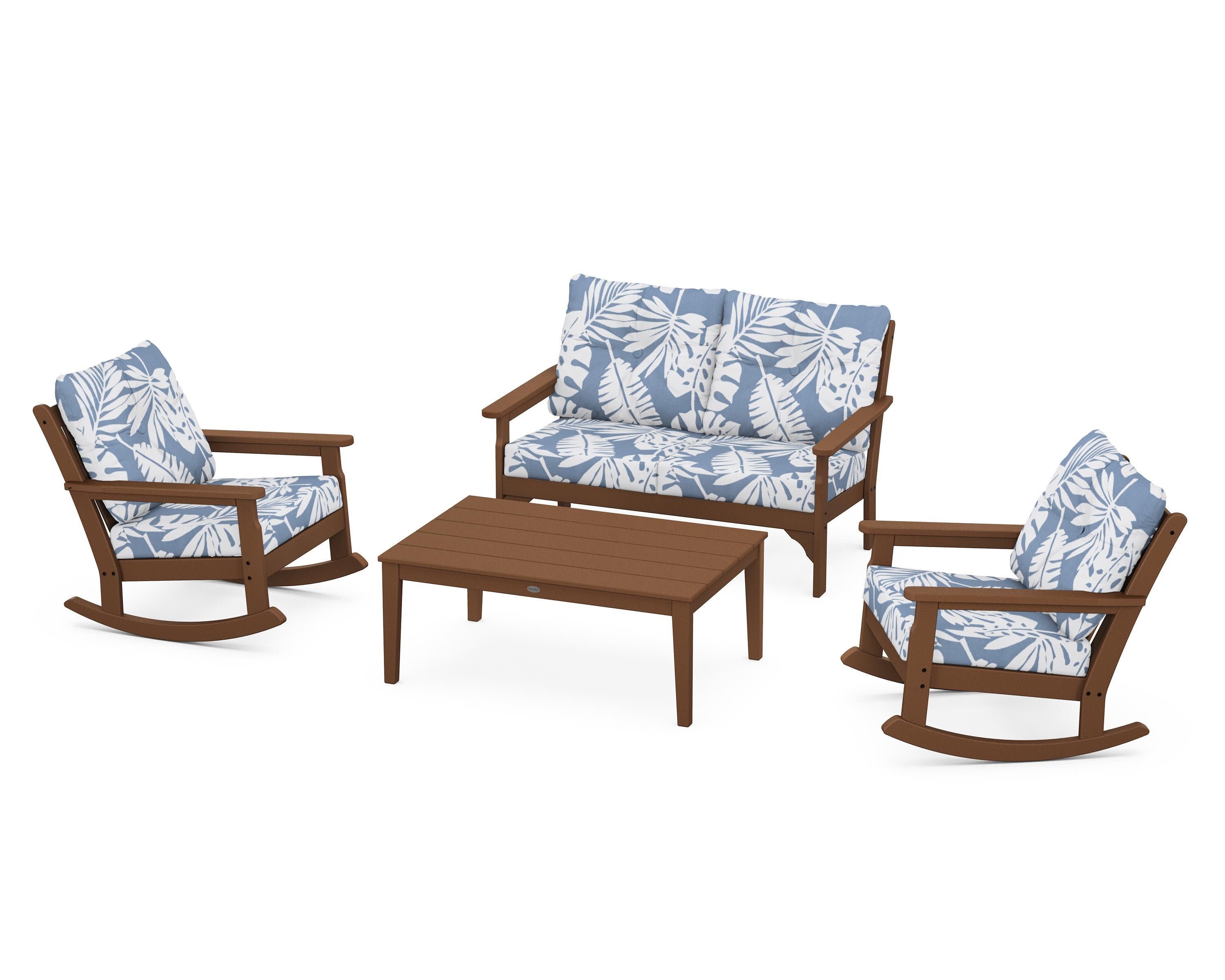 Vineyard 4-Piece Deep Seating Rocking Chair Set in Teak / Leaf Sky Blue