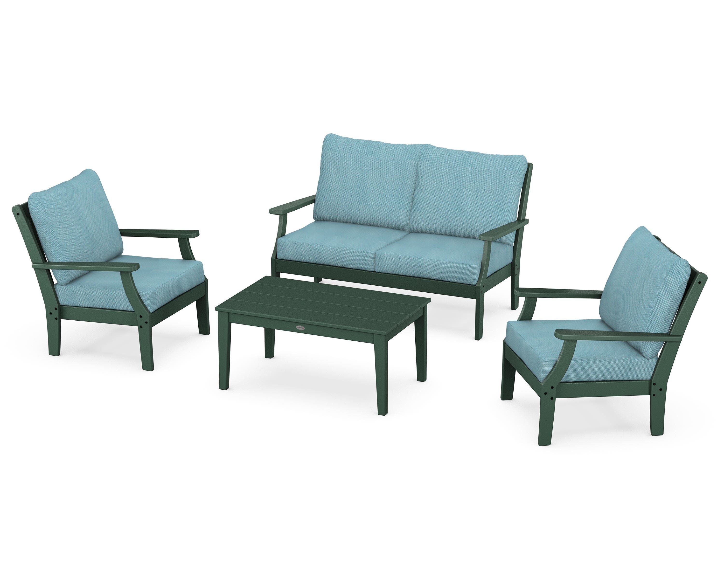 Braxton 4-Piece Deep Seating Chair Set in Green / Lattice Sky Blue