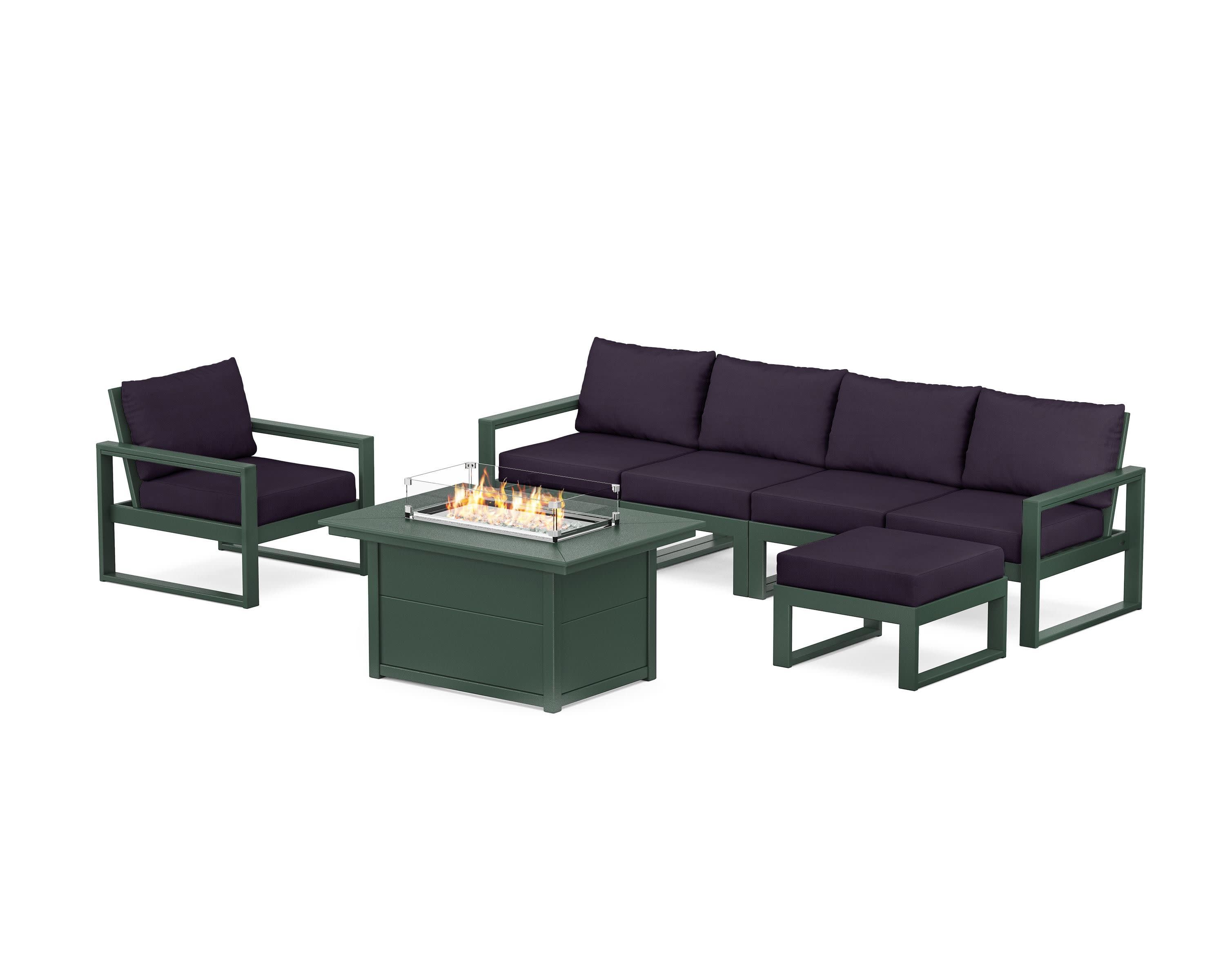 EDGE Sectional Lounge and Fire Pit Set in Green / Navy Linen