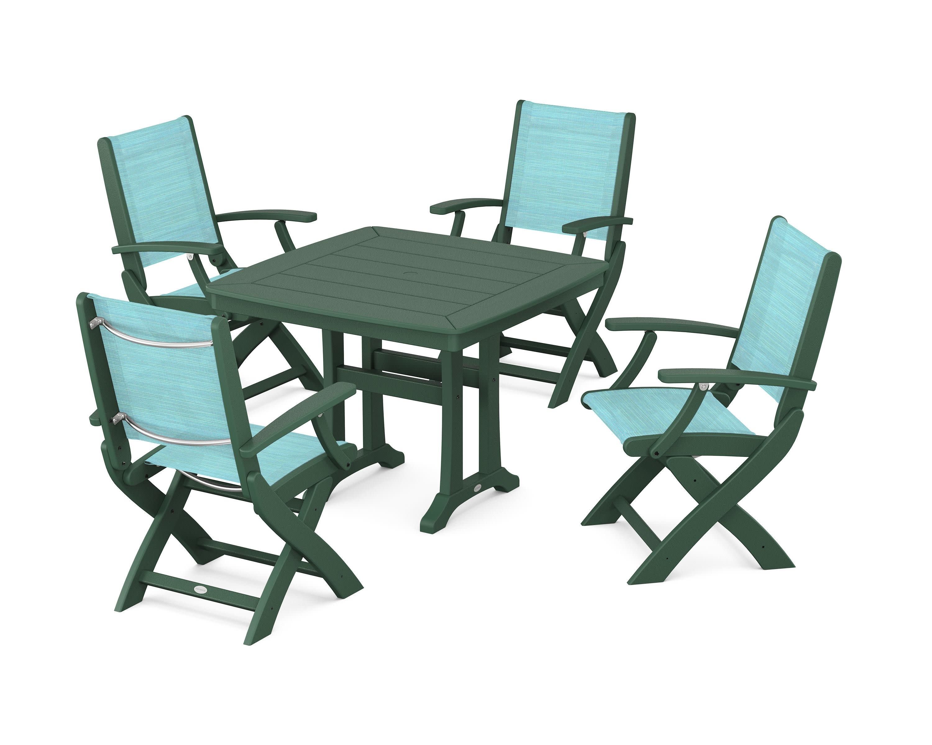Coastal Folding Chair 5-Piece Dining Set with Trestle Legs in Green / Dupioni Aquamarine Sling