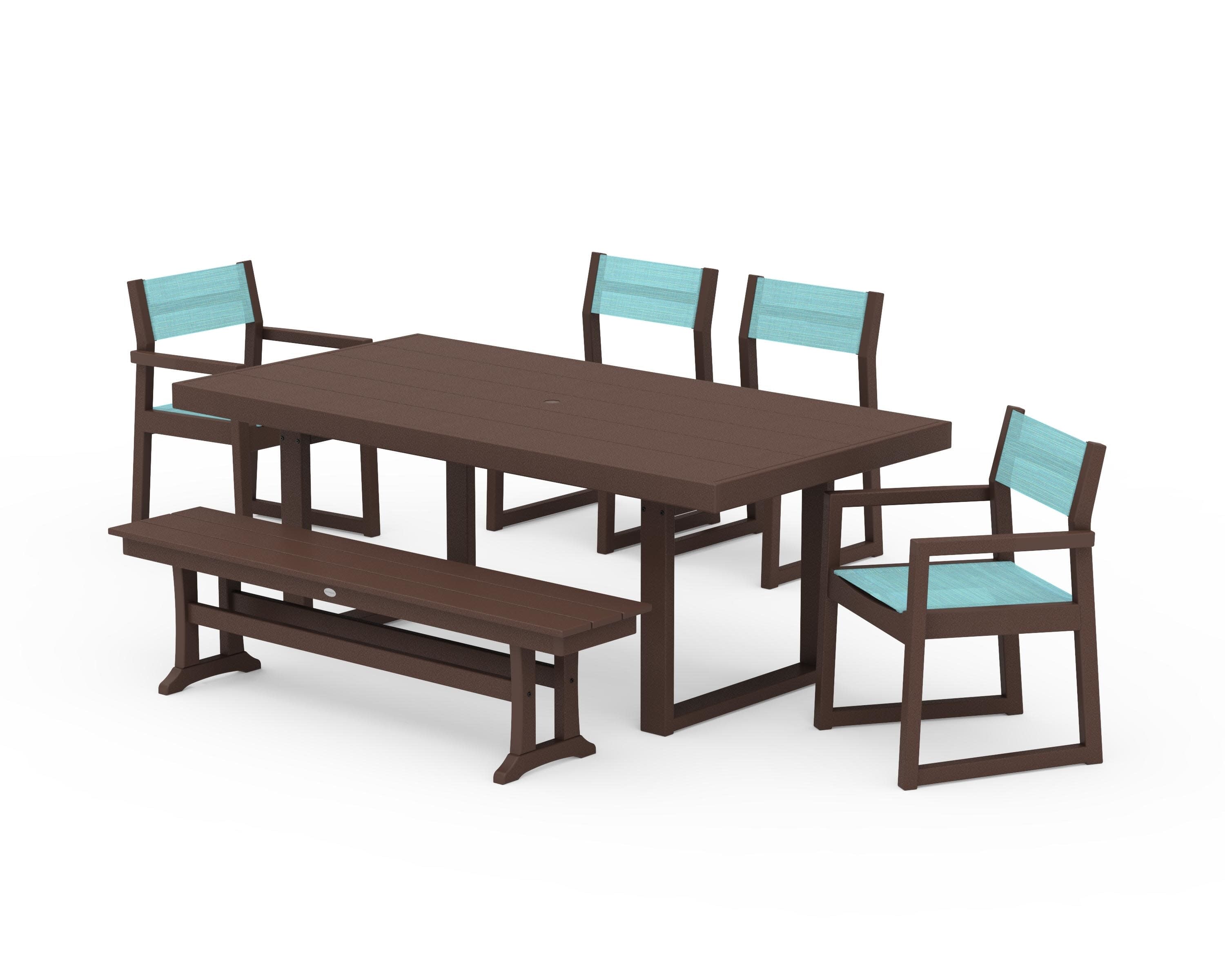 EDGE Sling 6-Piece Dining Set with Bench in Mahogany / Dupioni Aquamarine Sling
