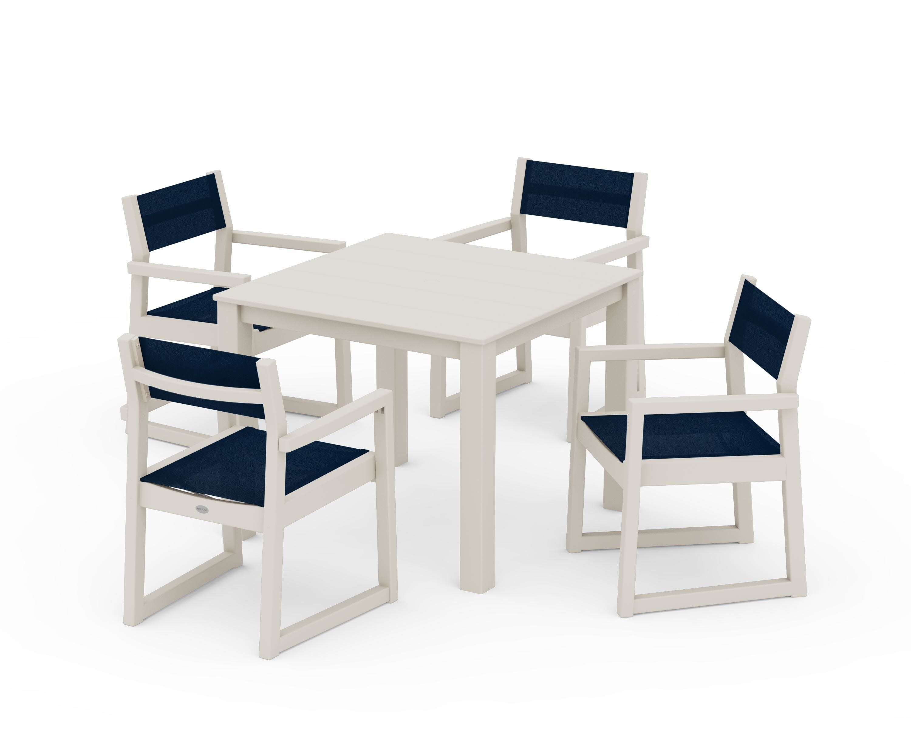 EDGE Sling Arm Chair 5-Piece Parsons Dining Set in Sand / Navy Blue Sling