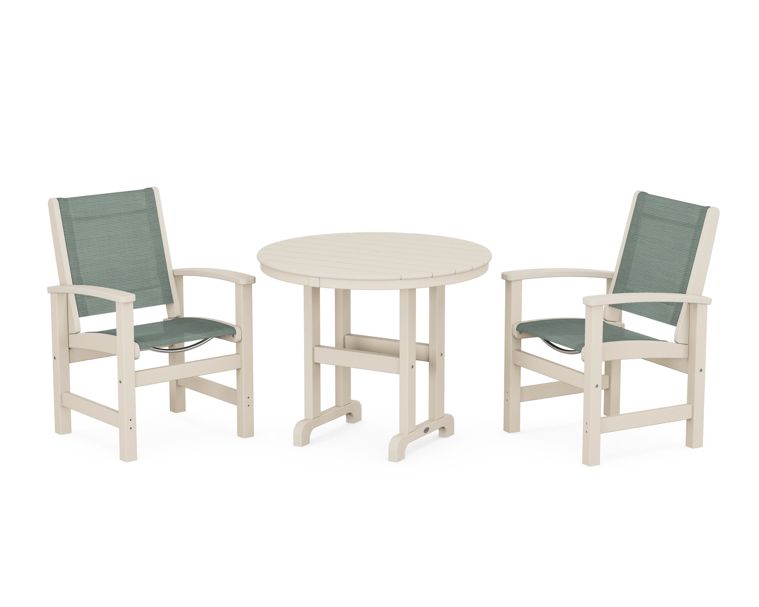 Coastal 3-Piece Round Dining Set in Sand / Dupioni Sea Mist Sling