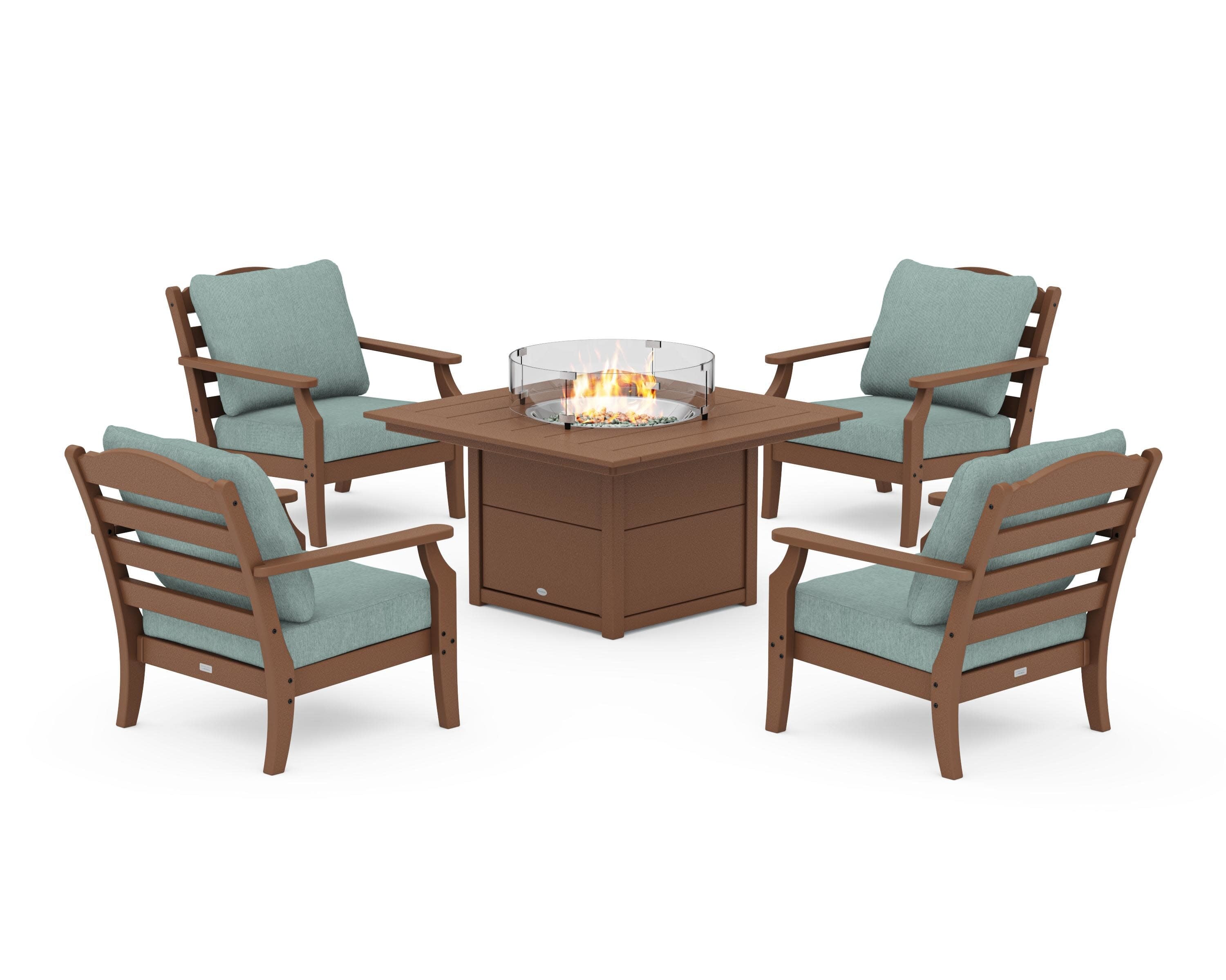 Savannah 5-Piece Deep Seating Set with Fire Pit Table in Teak / Glacier Spa