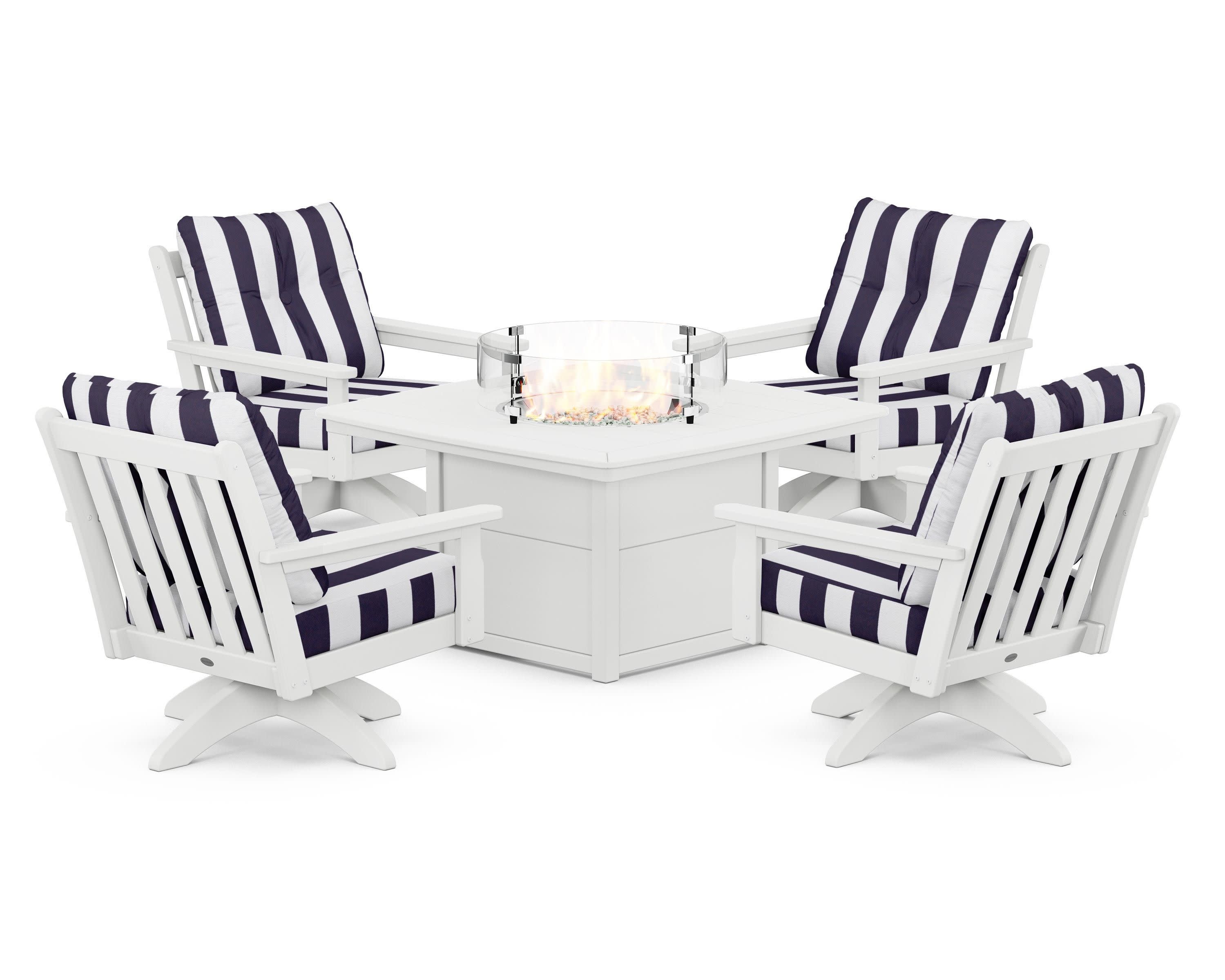 Vineyard 5-Piece Deep Seating Swivel Conversation Set with Fire Pit Table in White / Cabana Stripe Navy