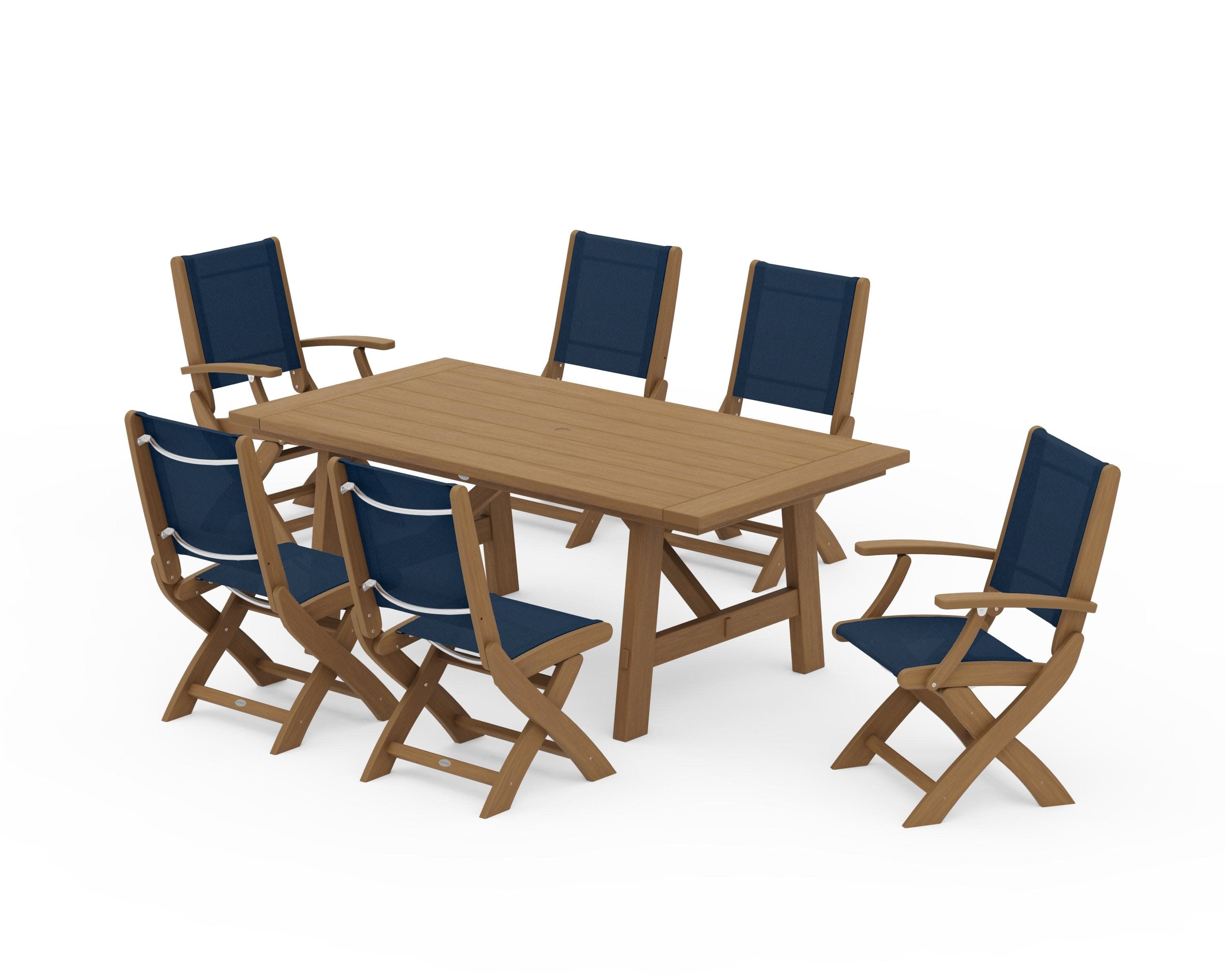 Coastal Folding Chair 7-Piece Rustic Farmhouse Dining Set in Natural / Navy Blue Sling