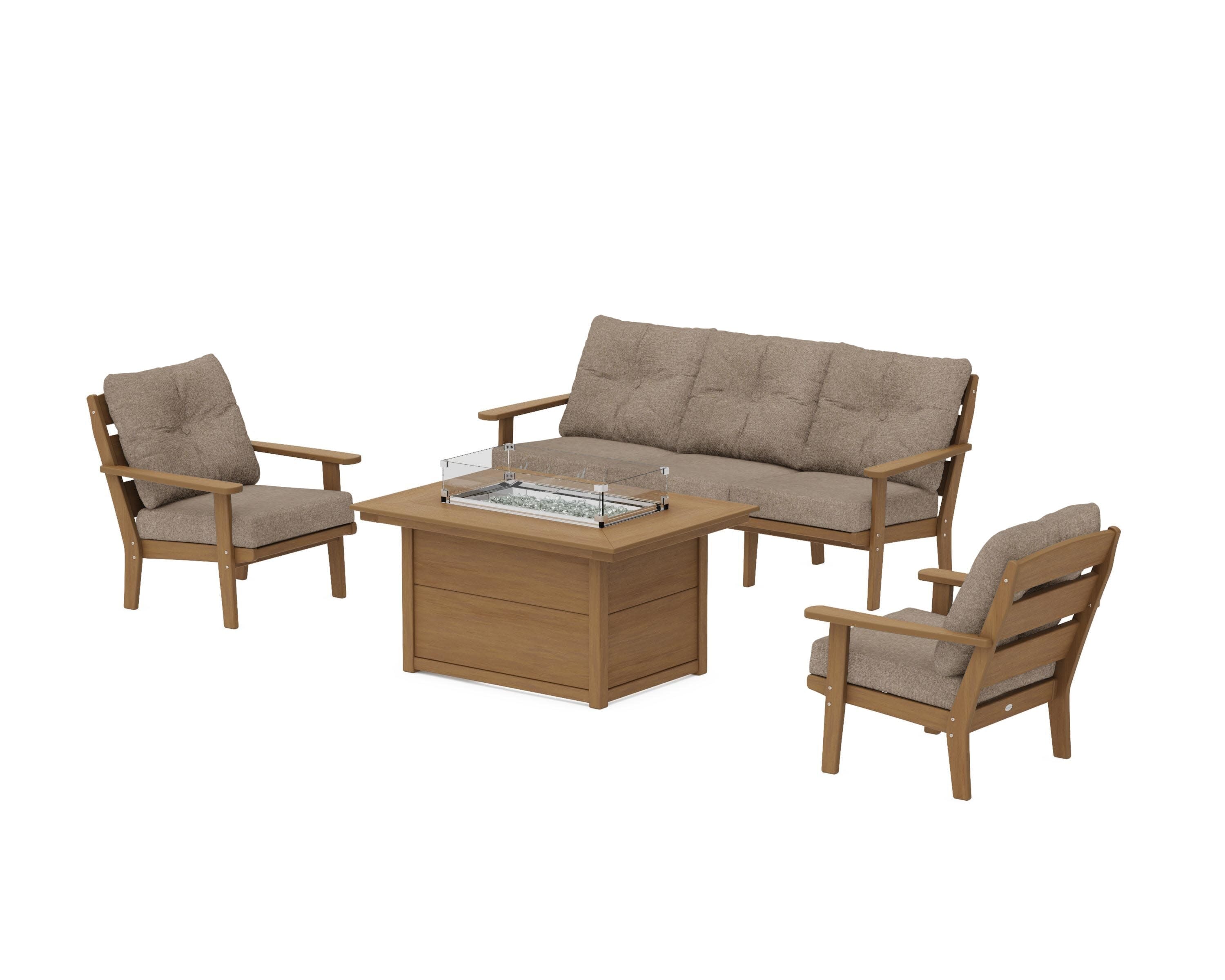 Lakeside Deep Seating Fire Pit Table Set in Natural / Spiced Burlap
