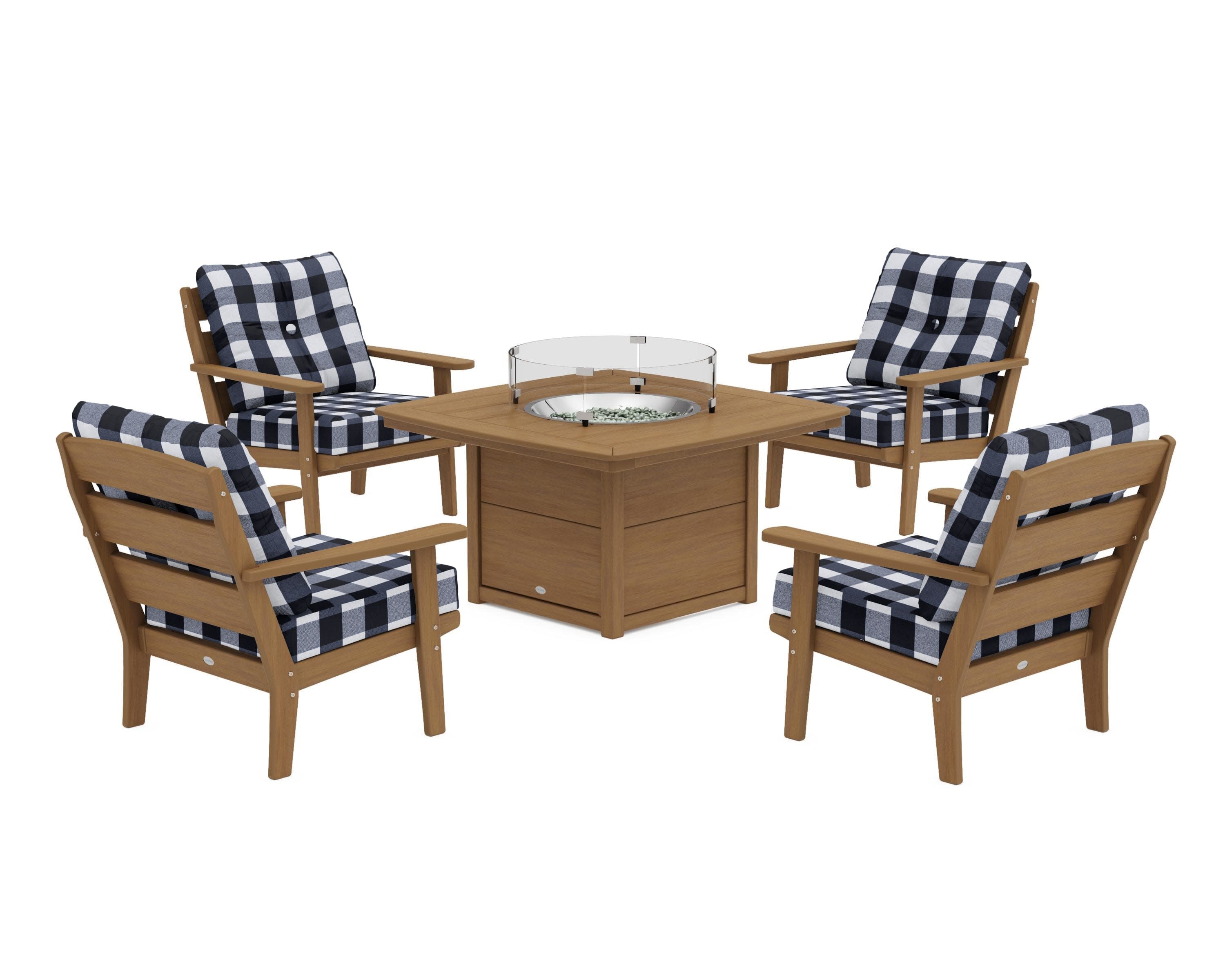 Lakeside 5-Piece Deep Seating Set with Nautical Fire Pit Table in Natural / Buffalo Plaid Marine Indigo