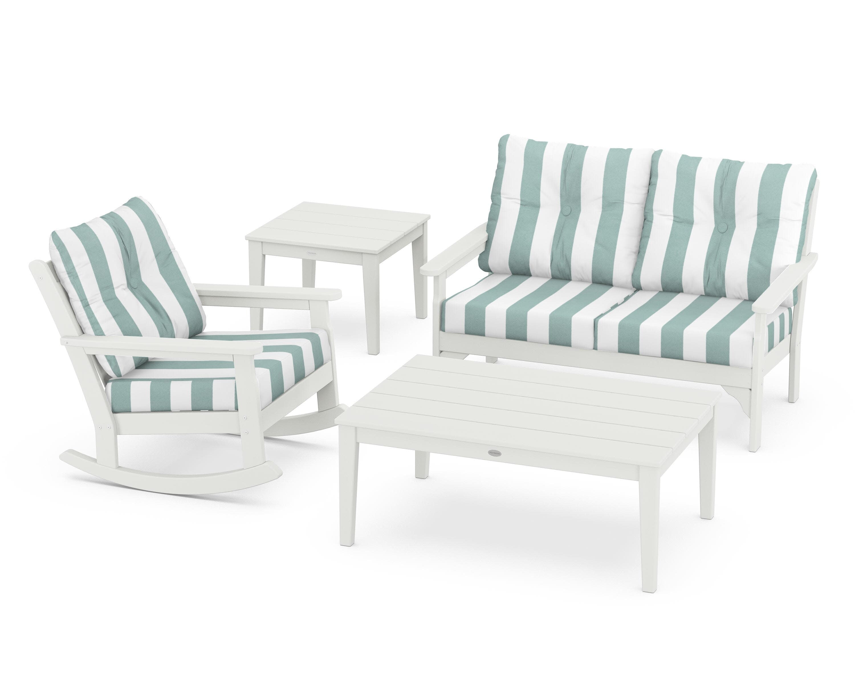 Vineyard 4-Piece Deep Seating Rocker Set in Vintage White / Cabana Stripe Glacier Spa