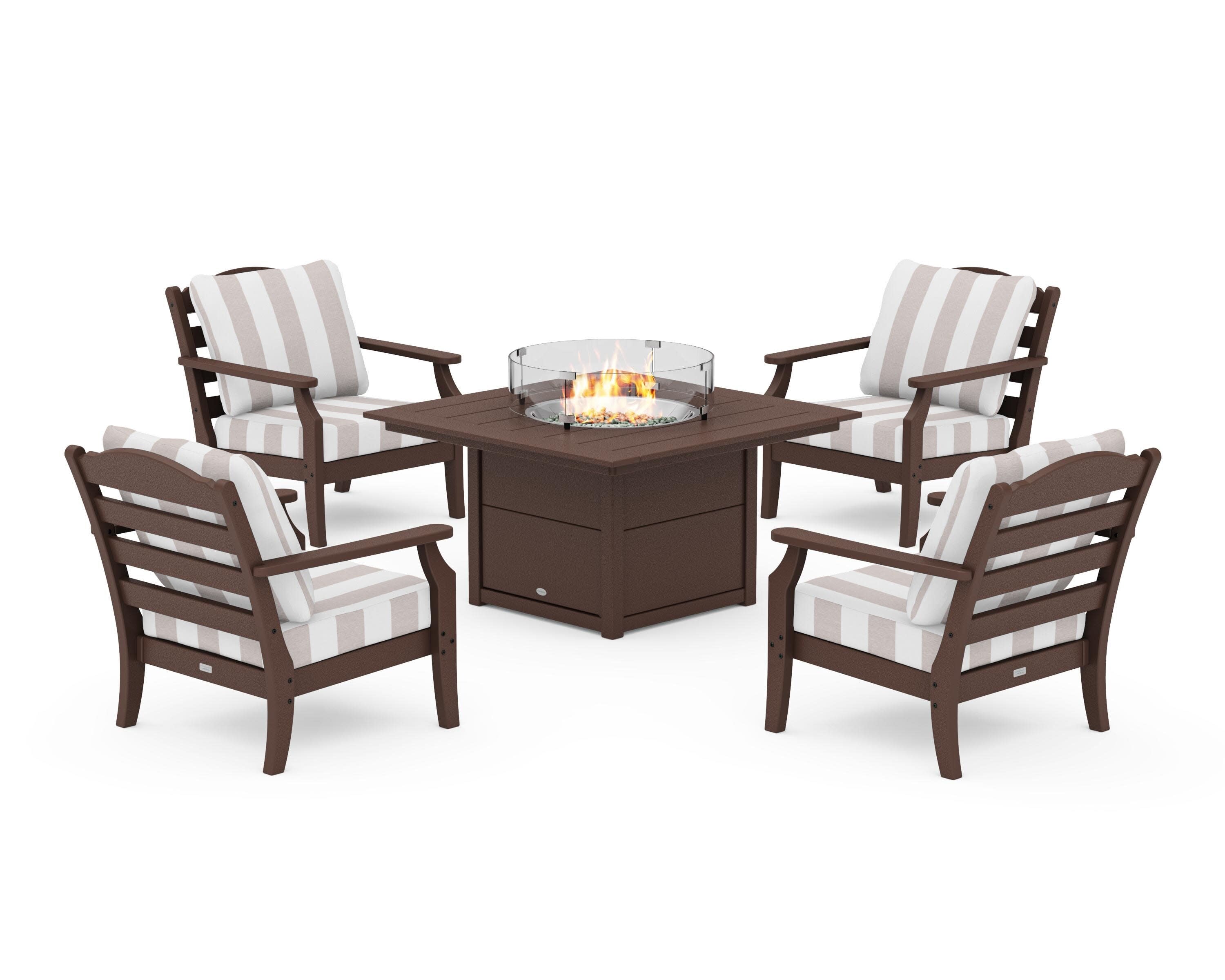 Savannah 5-Piece Deep Seating Set with Fire Pit Table in Mahogany / Cabana Stripe Dune Burlap