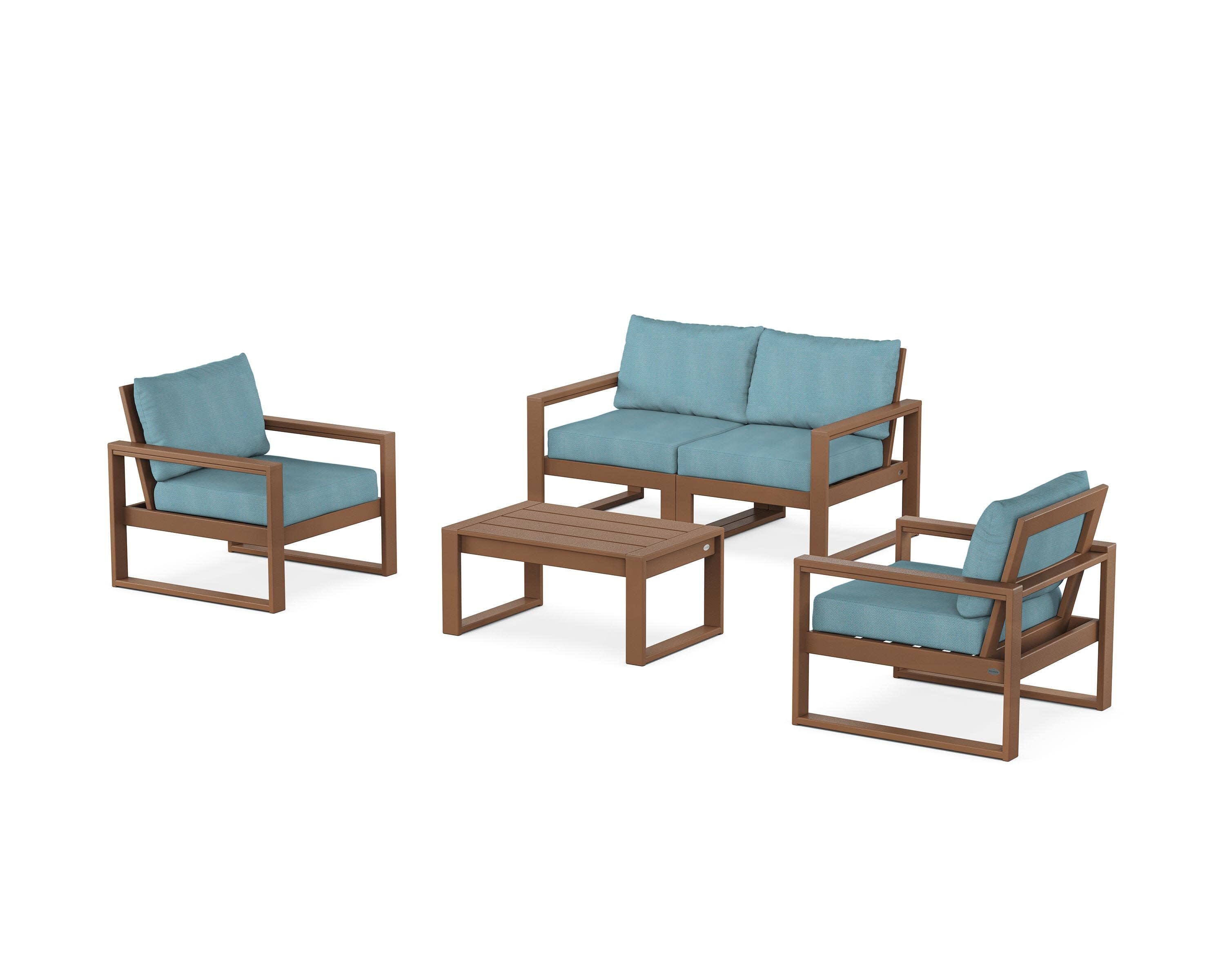 EDGE Sectional 4-Piece Deep Seating Set with Loveseat in Teak / Lattice Sky Blue