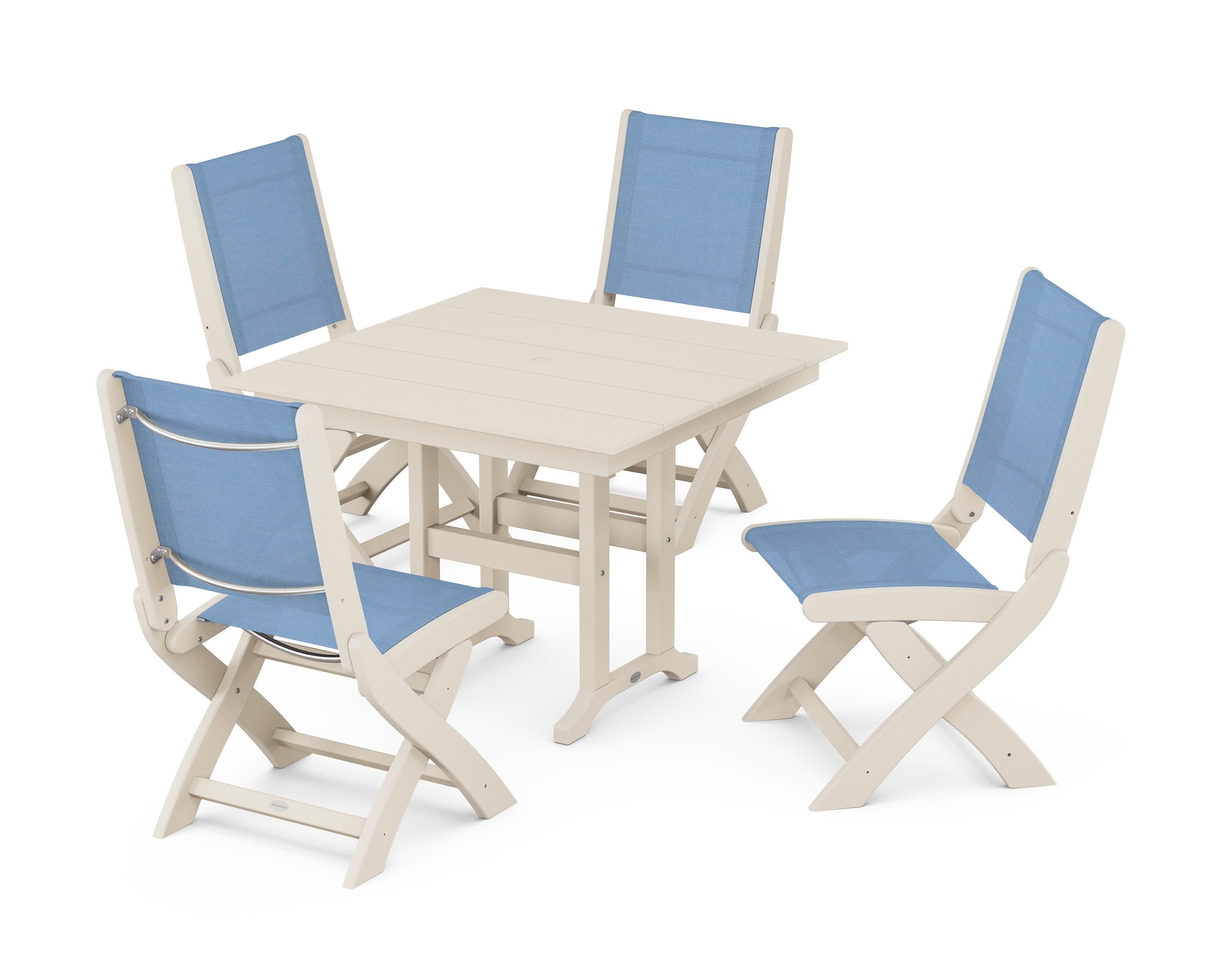 Coastal Folding Side Chair 5-Piece Farmhouse Dining Set in Sand / Poolside Sling