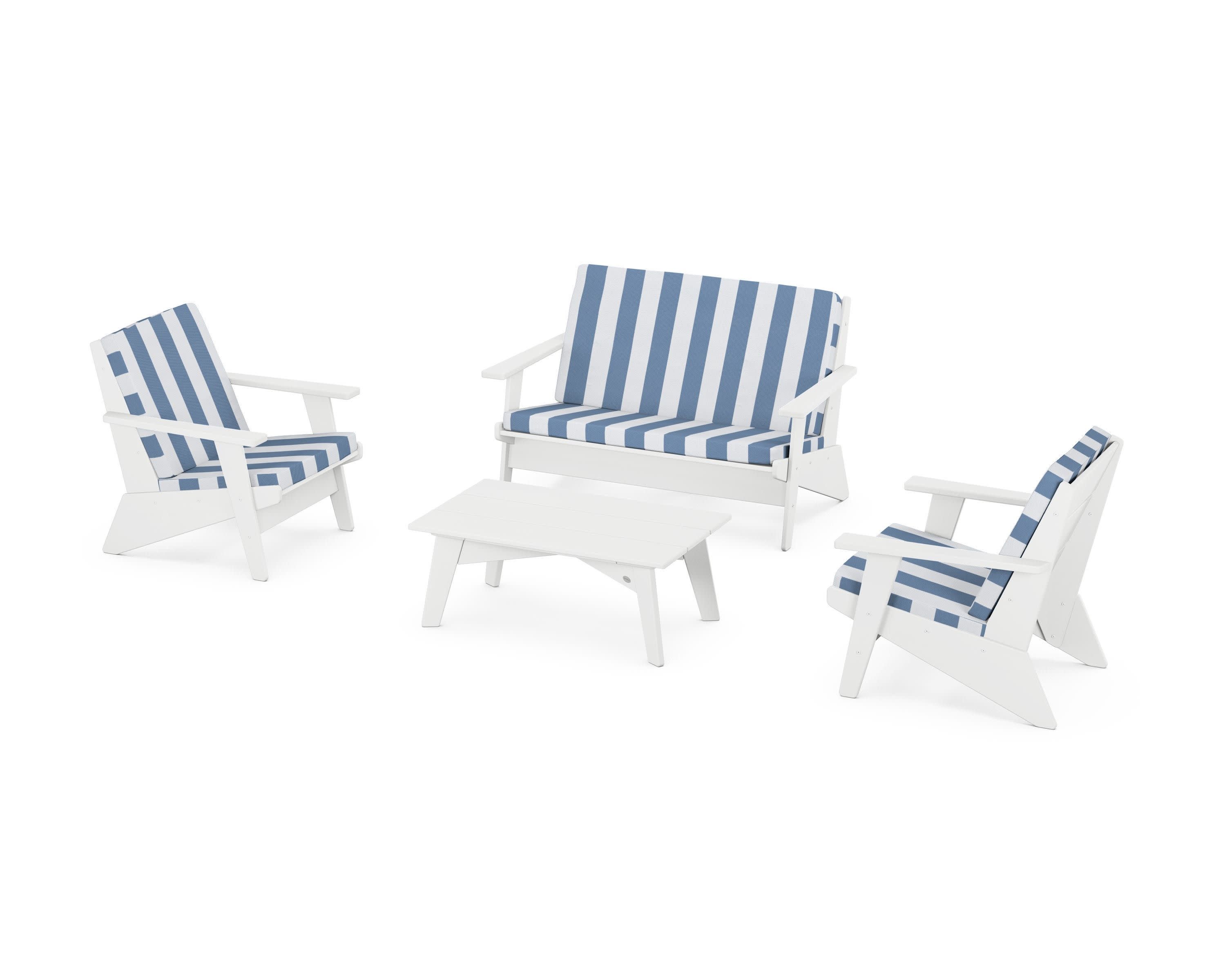 Riviera Modern Lounge 4-Piece Set in White / Cabana Stripe Sky Blue