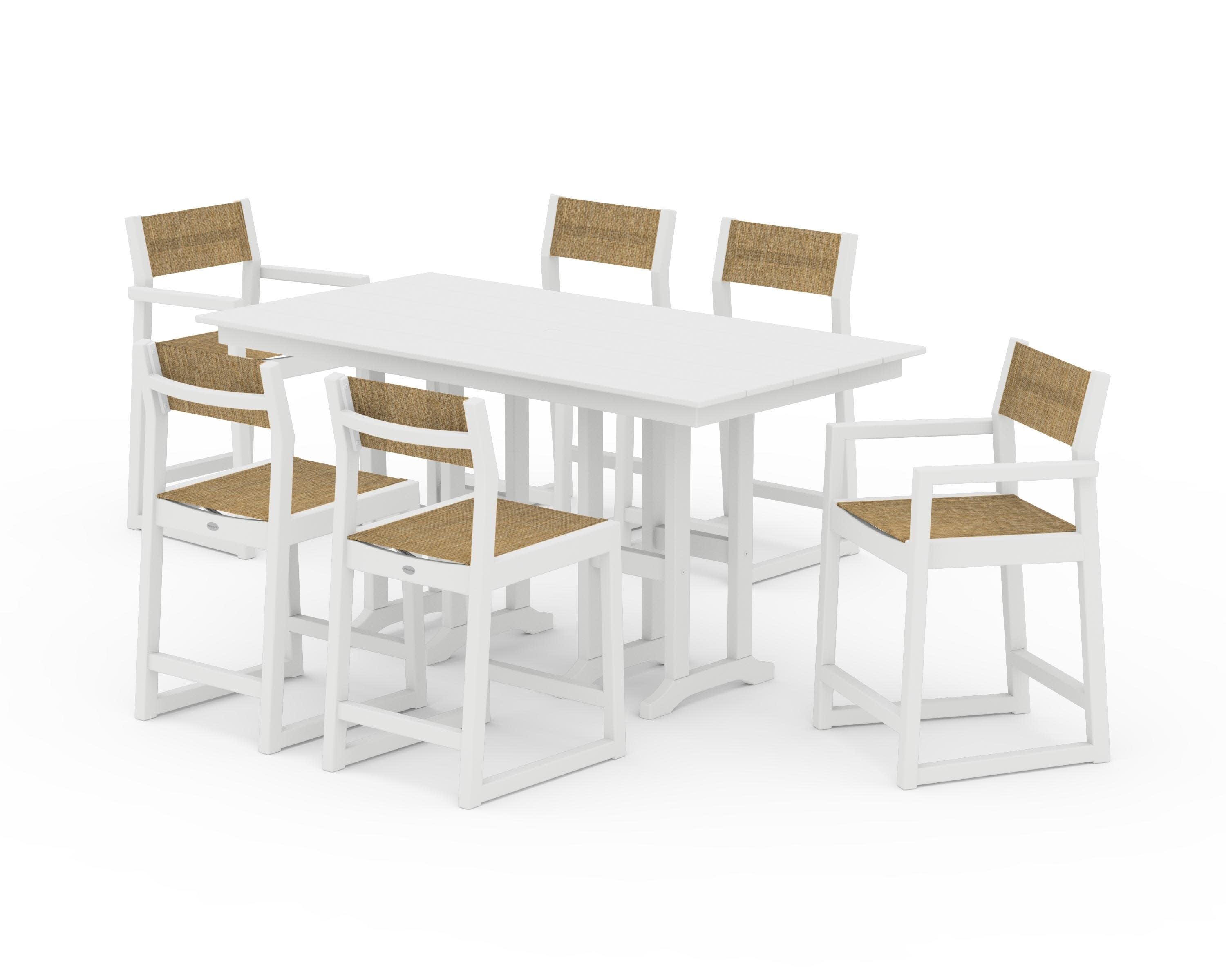 EDGE Sling 7-Piece Farmhouse Counter Set with Trestle Legs in White / Burlap Sling