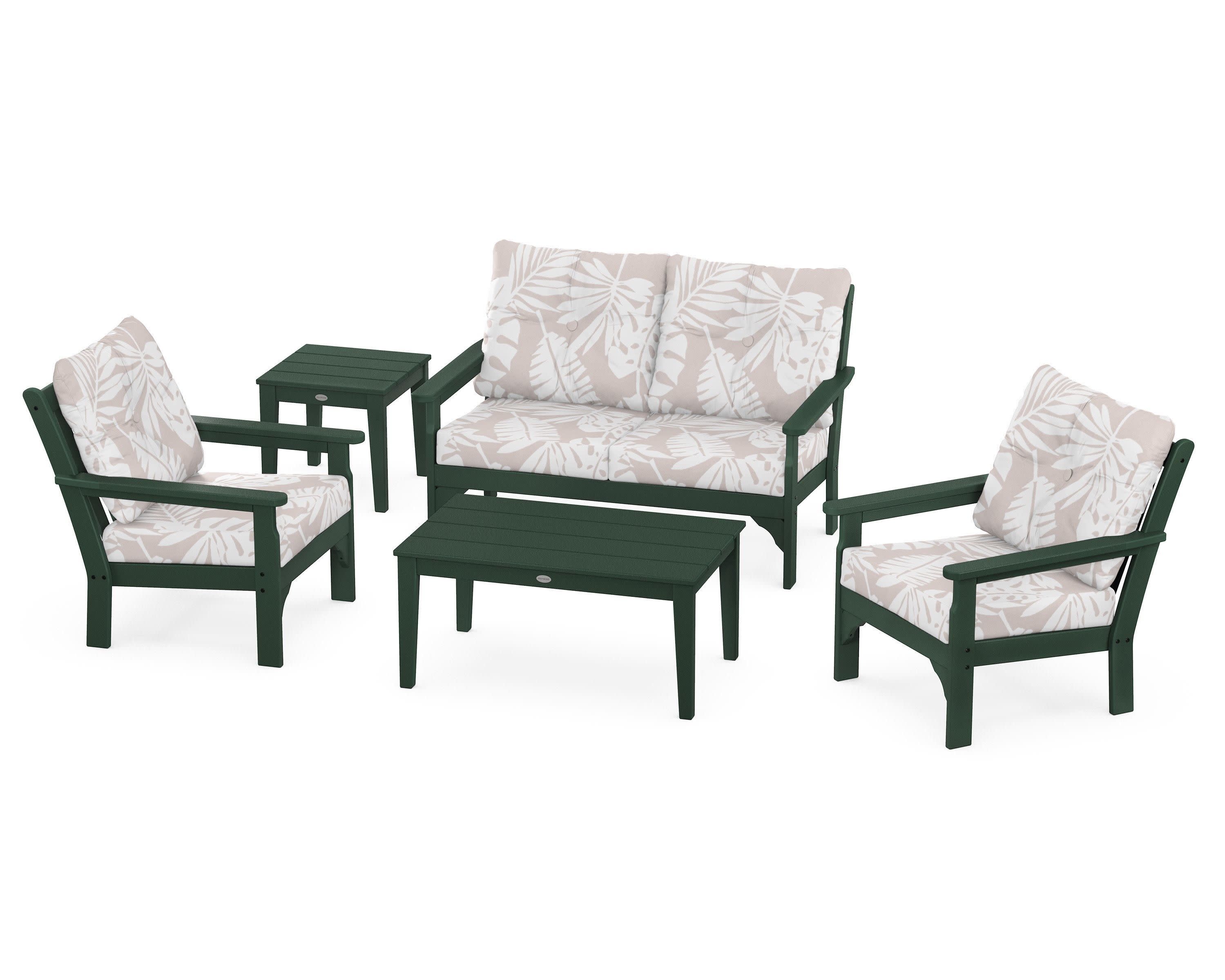 Vineyard 5-Piece Deep Seating Set in Green / Leaf Dune Burlap