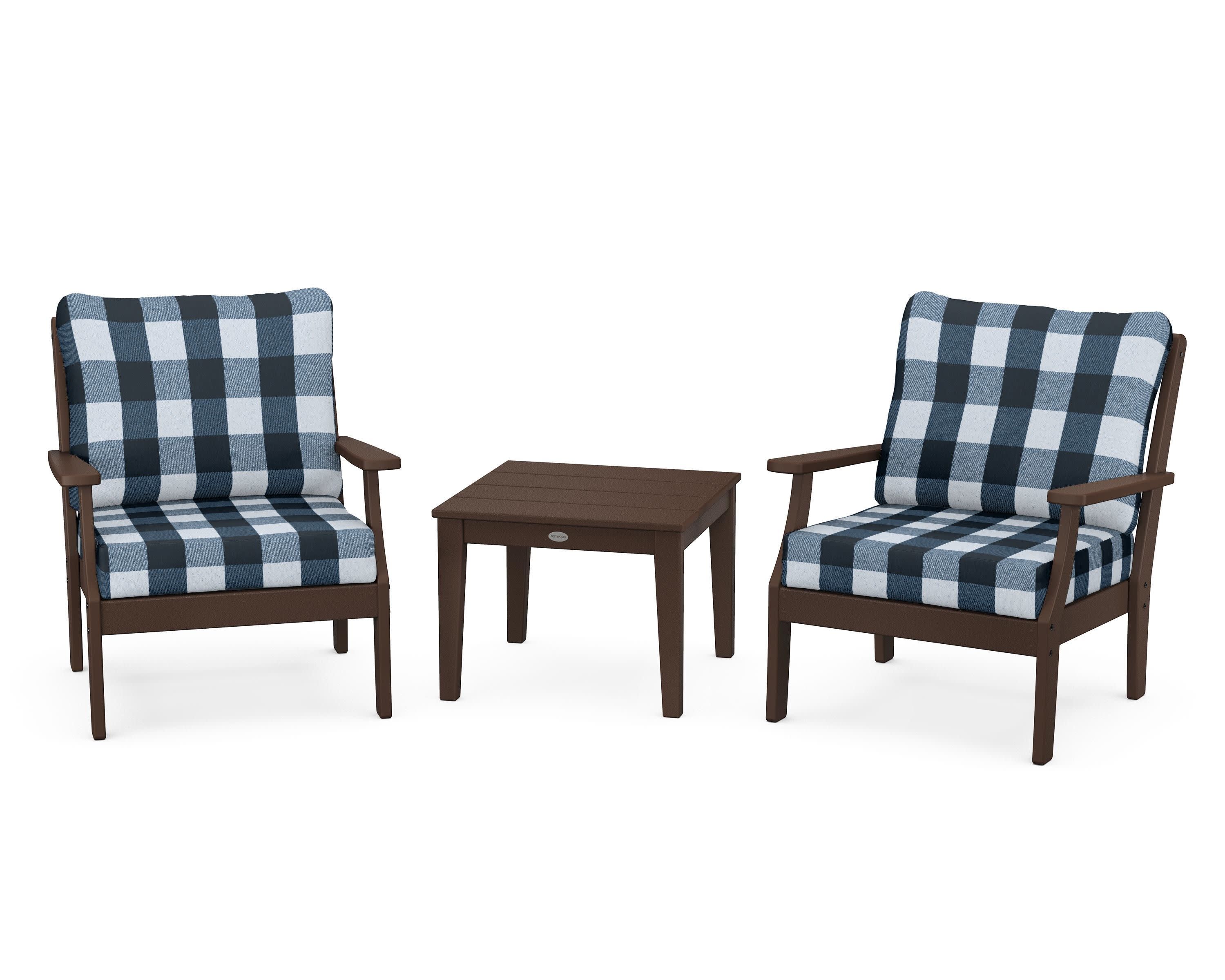 Braxton 3-Piece Deep Seating Set in Mahogany / Buffalo Plaid Marine Indigo