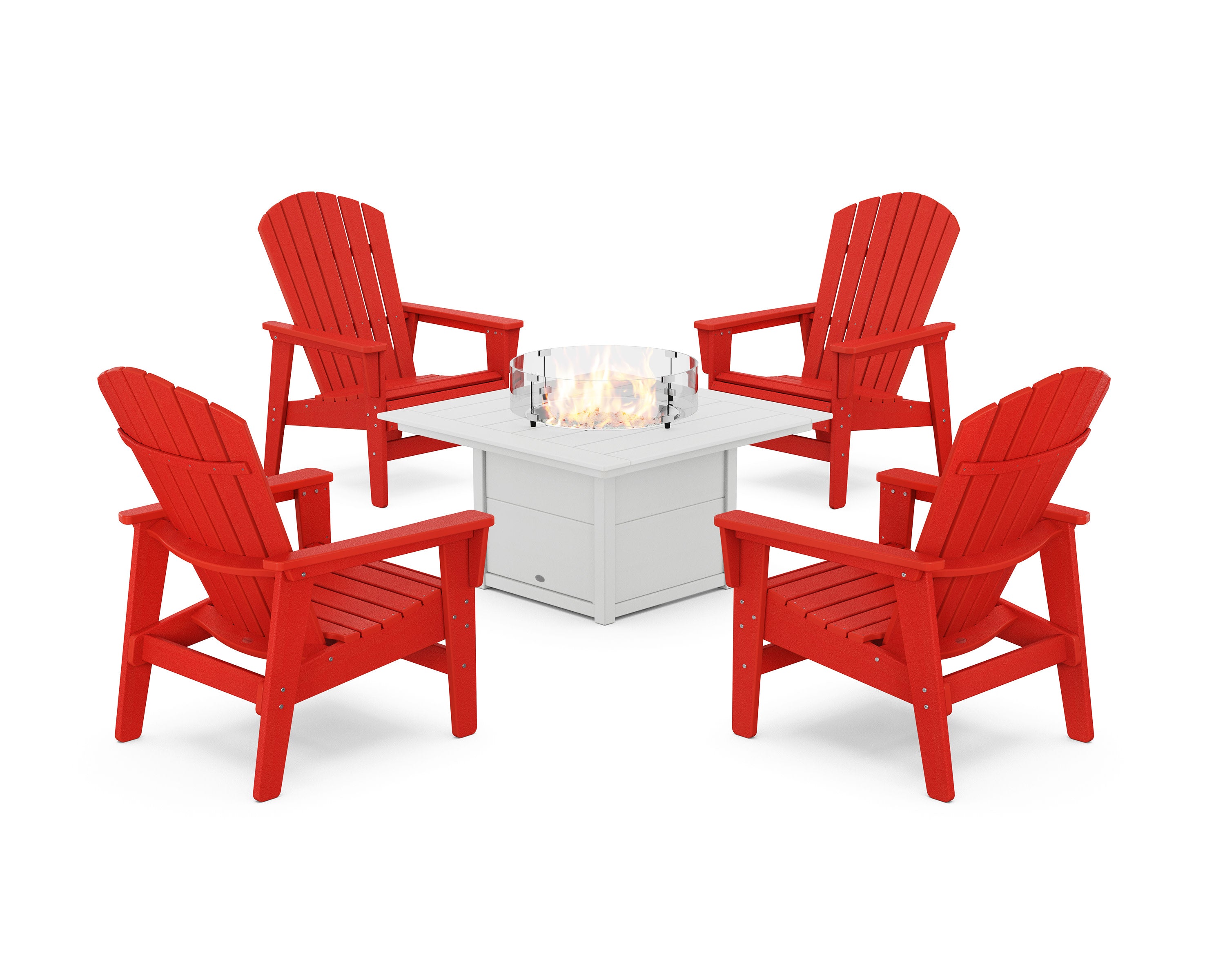 5-Piece Nautical Grand Upright Adirondack Conversation Set with Fire Pit Table in Sunset Red / White
