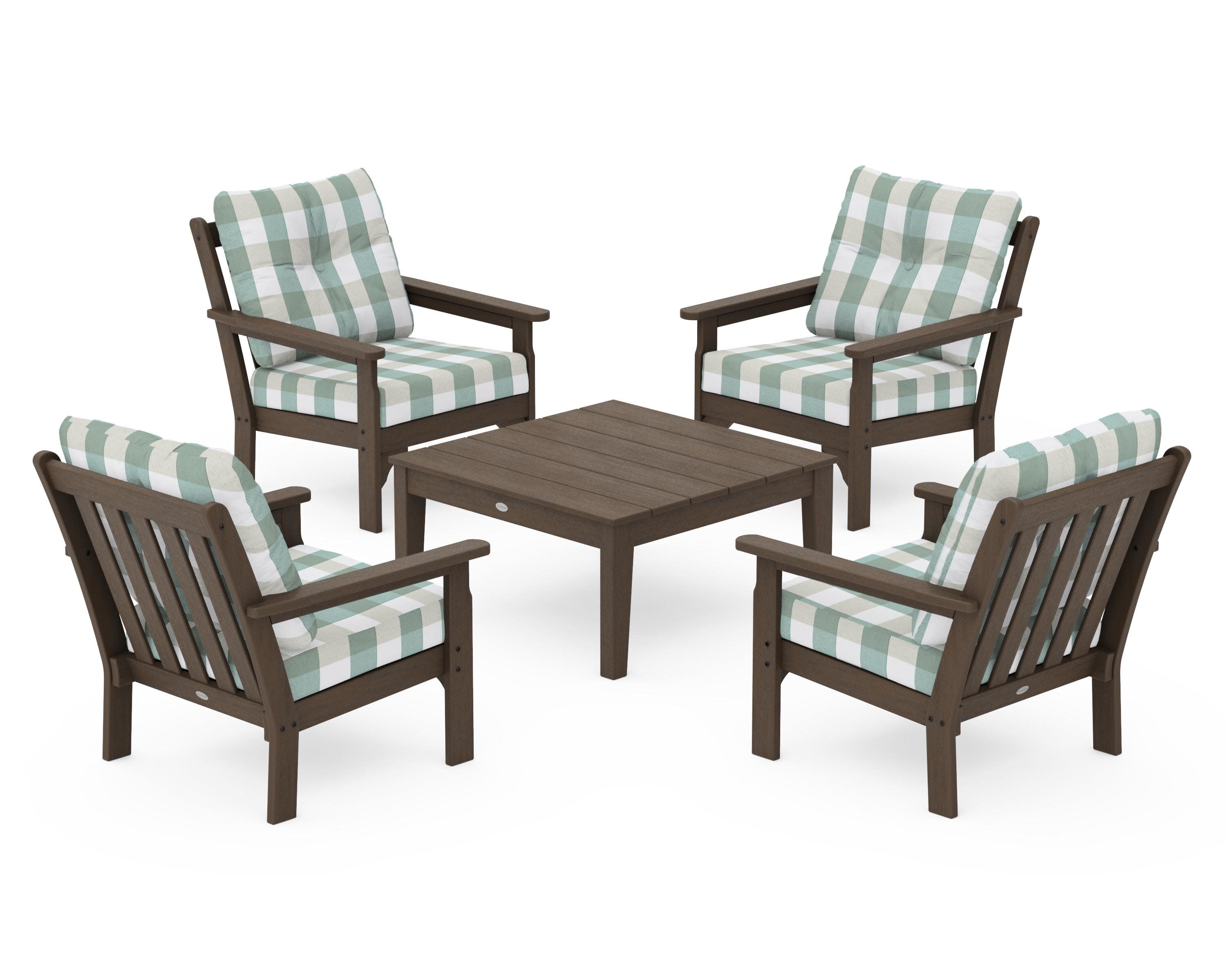 Vineyard 5-Piece Deep Seating Conversation Set in Kona / Buffalo Plaid Glacier Spa