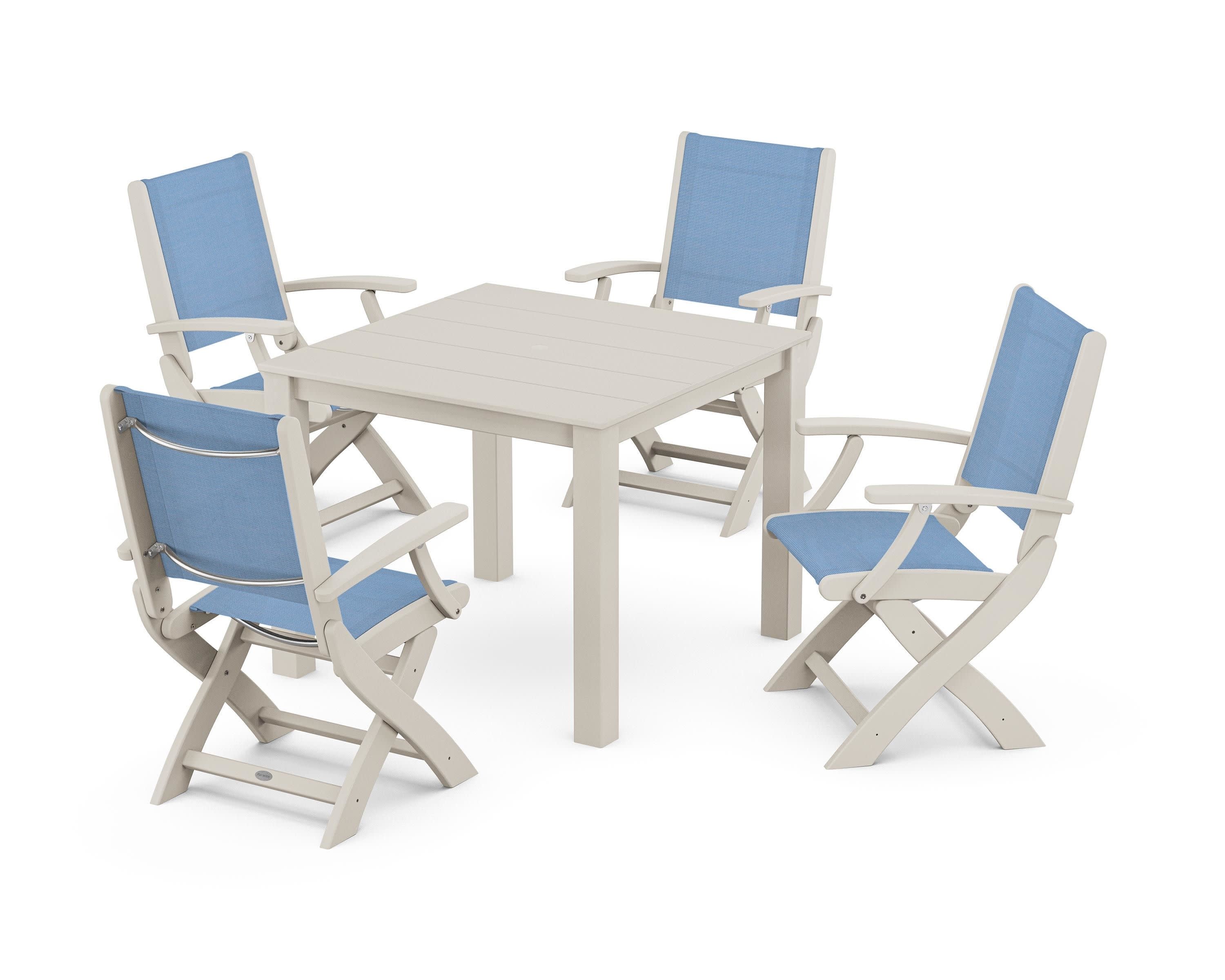 Coastal Folding Chair 5-Piece Parsons Dining Set in Sand / Poolside Sling
