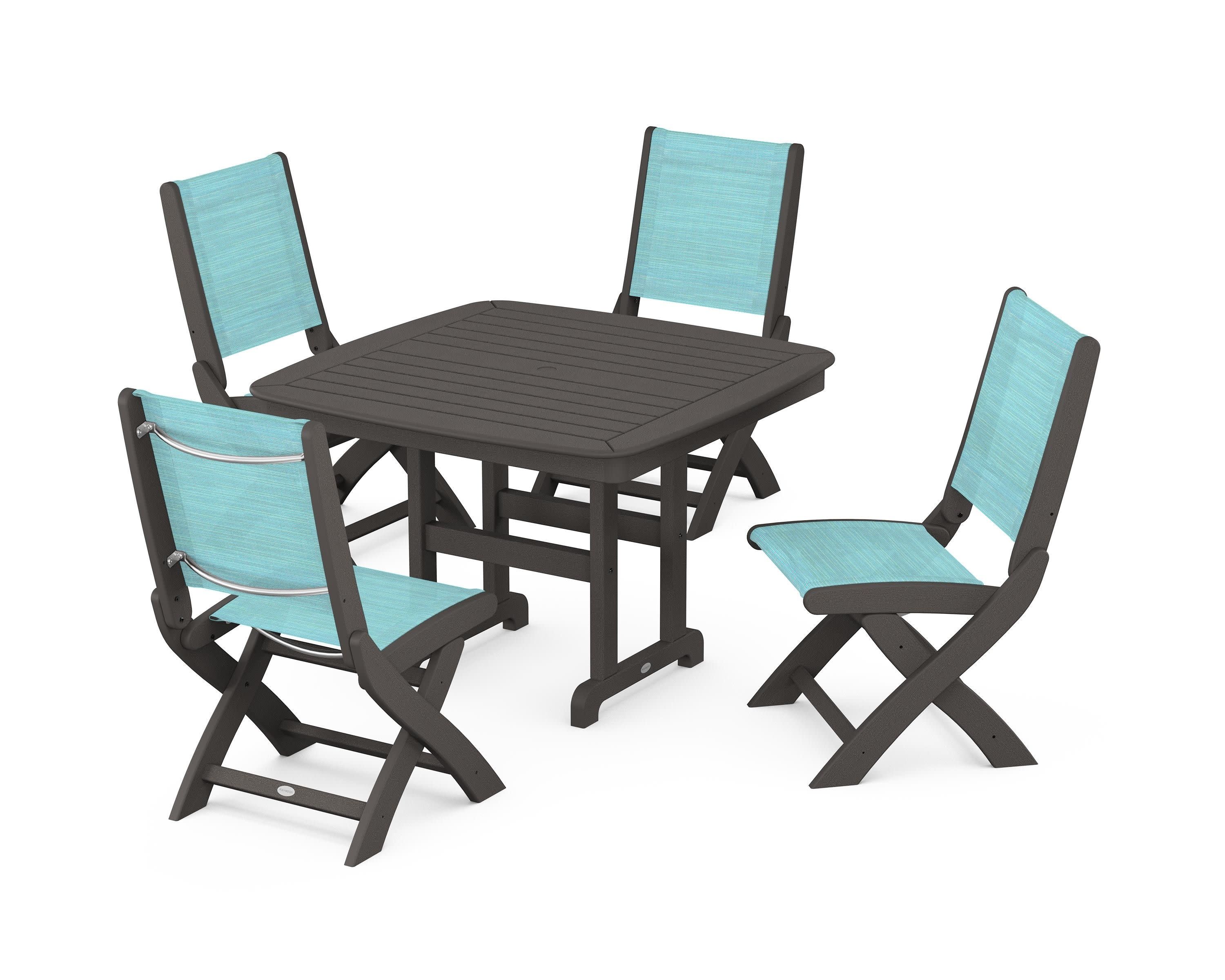 Coastal Folding Side Chair 5-Piece Dining Set in Vintage Coffee / Dupioni Aquamarine Sling