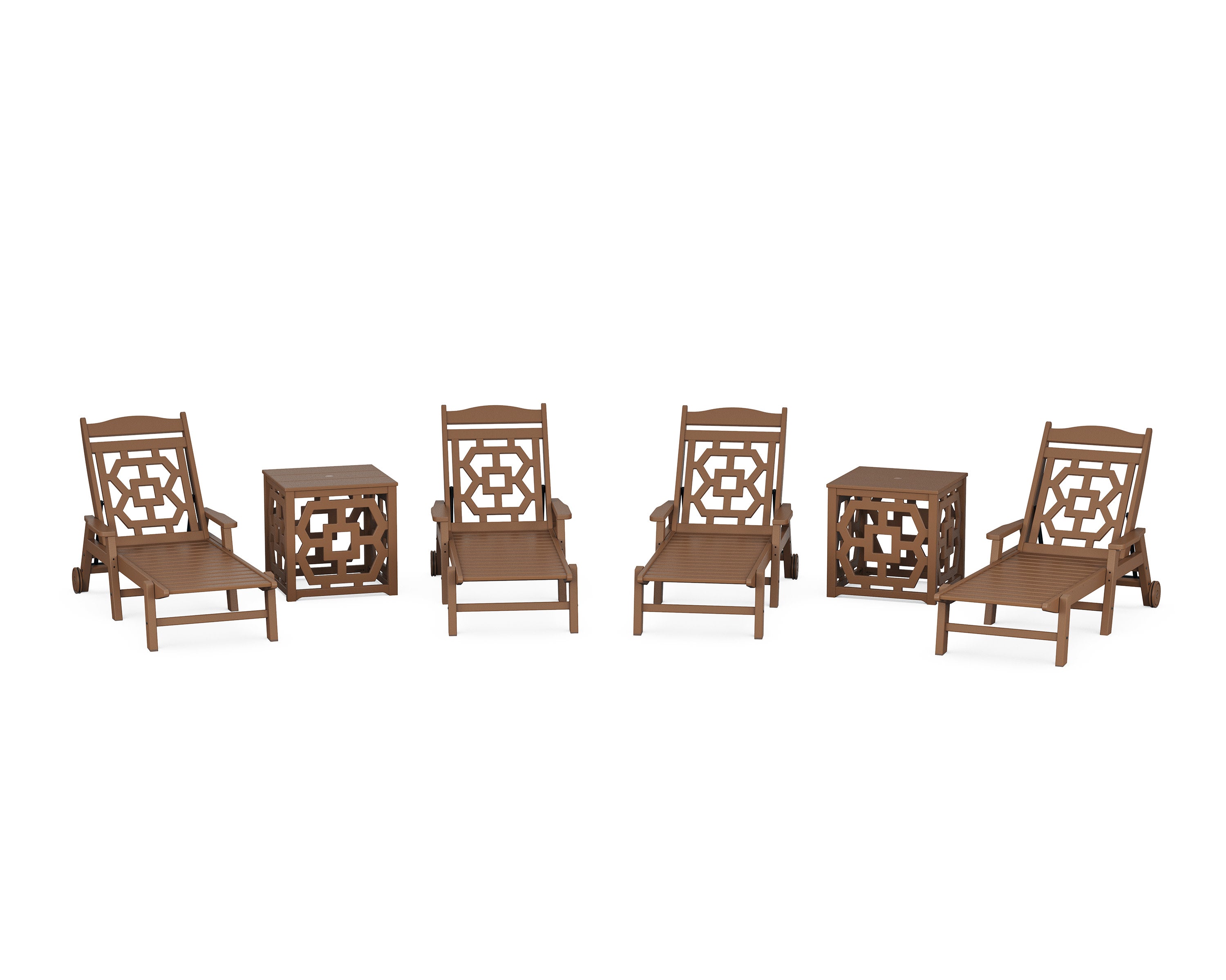 Chinoiserie 6-Piece Chaise Set with Umbrella Stand Accent Table in Teak